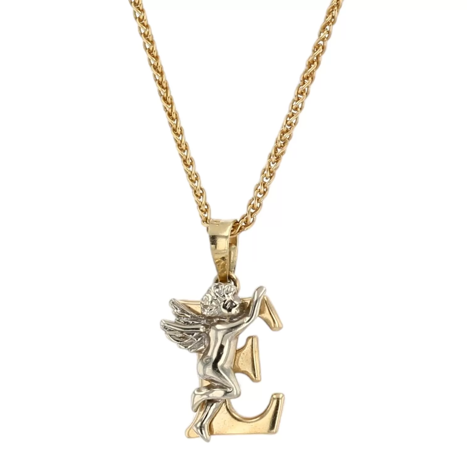 14K Yellow gold solid wheat chain Angel letter E vintage piece unique piece-4000