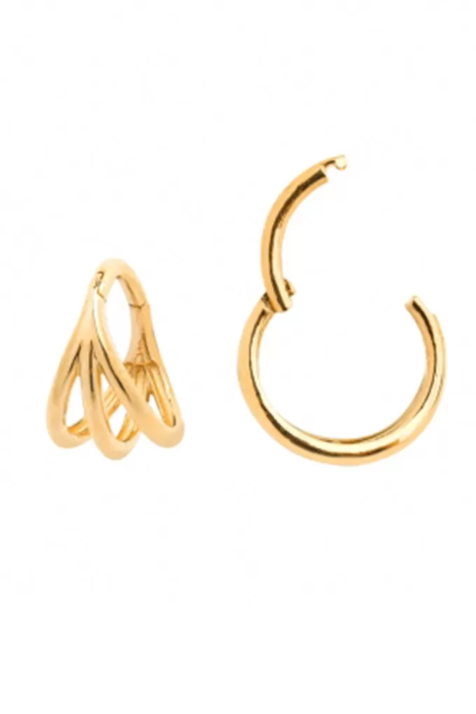 18g Three Line Lobe Cartilage Helix Hoop Clicker Ring Piercing Earring-14K Solid Gold Jewelry