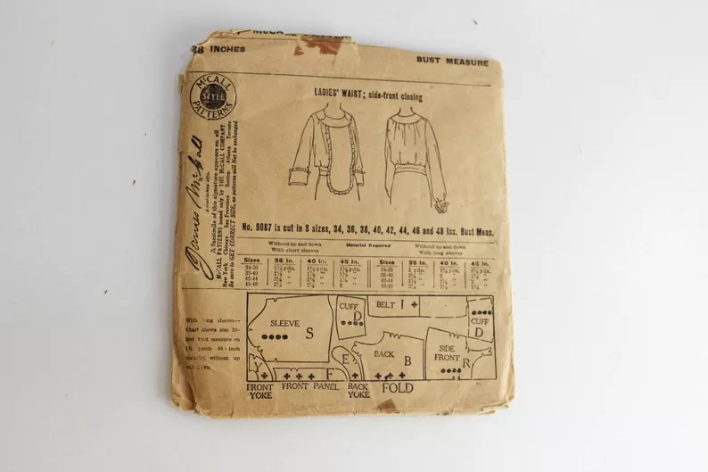 1920s/Teens Blouse Sewing Pattern McCalls 9087, Bust 38