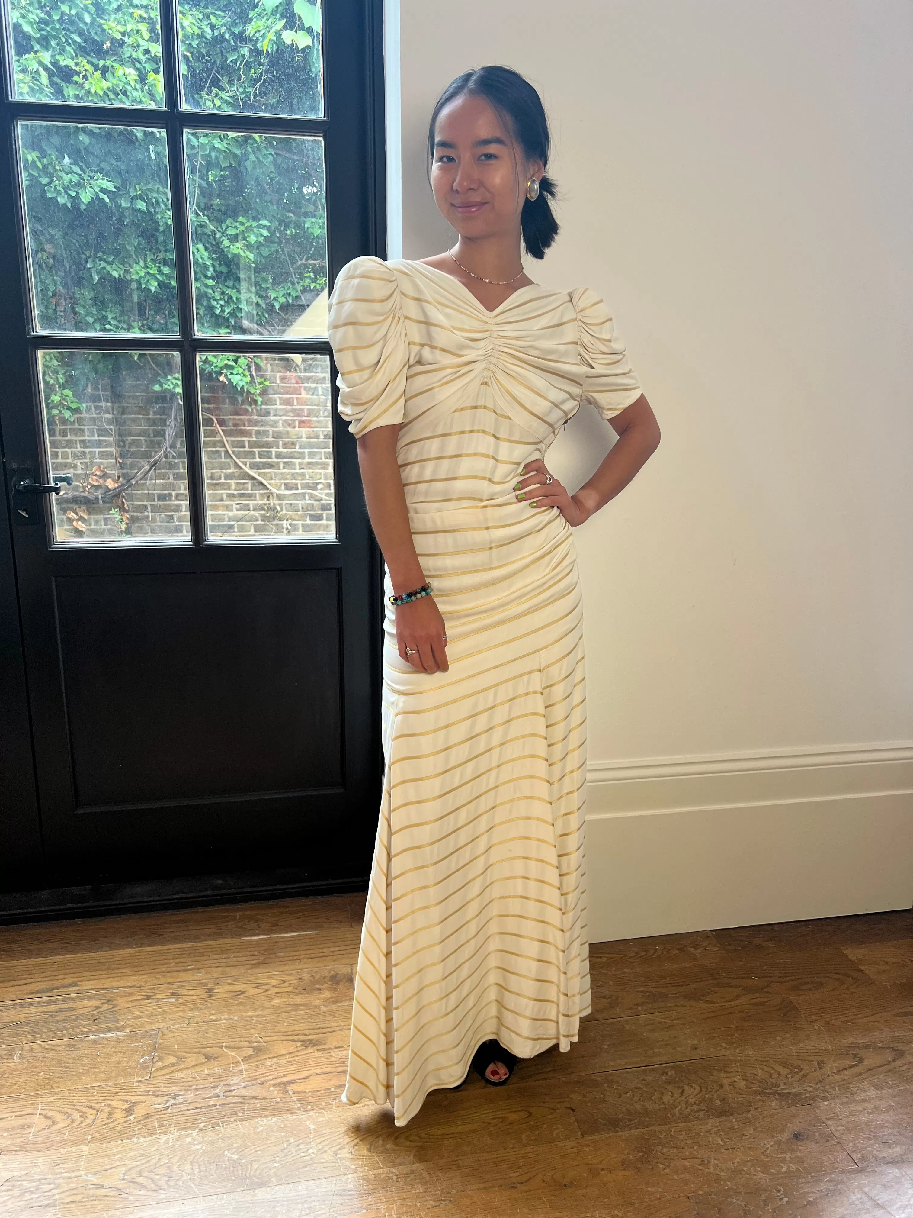 1930s Ivory Silk Sunburst Bodice and Gold Silk Thread Striped Gown