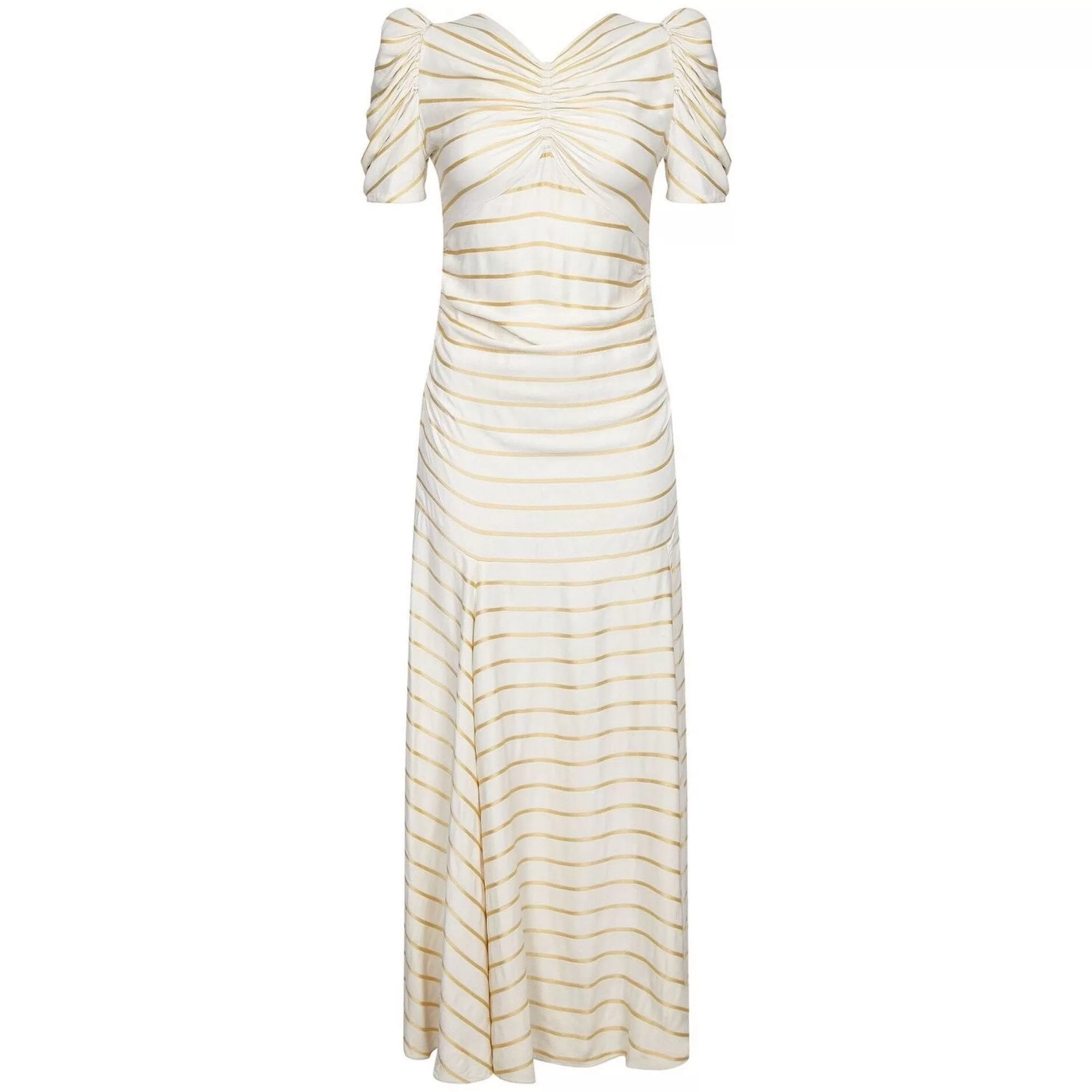 1930s Ivory Silk Sunburst Bodice and Gold Silk Thread Striped Gown