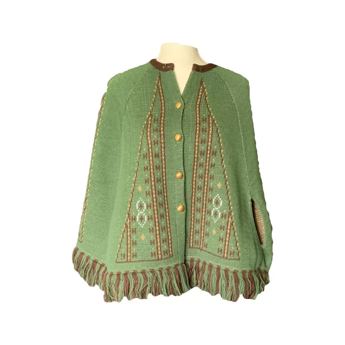 1960s Knit Sweater Poncho or Jacket in Green and Brown. Very English Countryside Boho Chic.