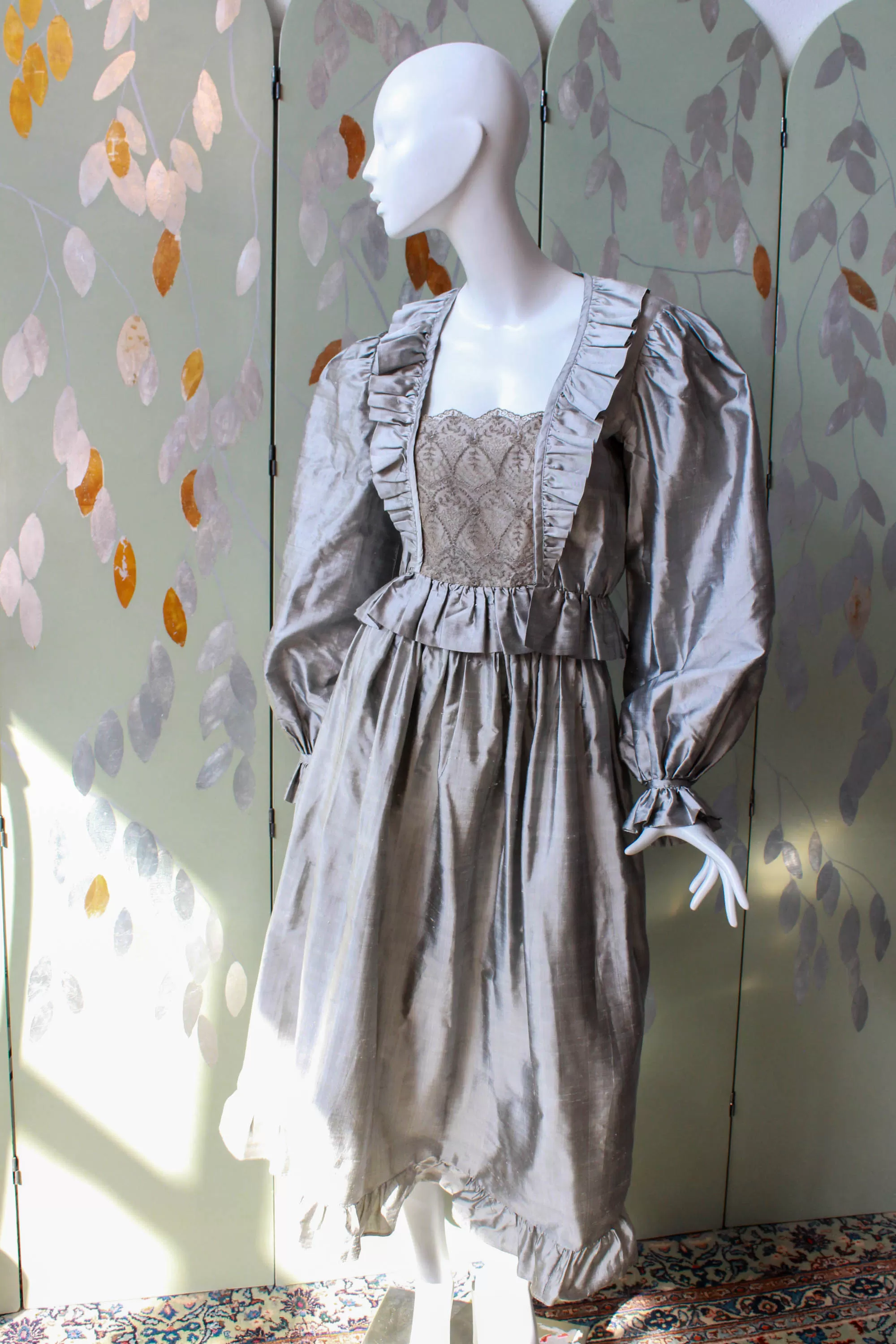 1980s Grey Silk Blouse and Skirt Set, XS