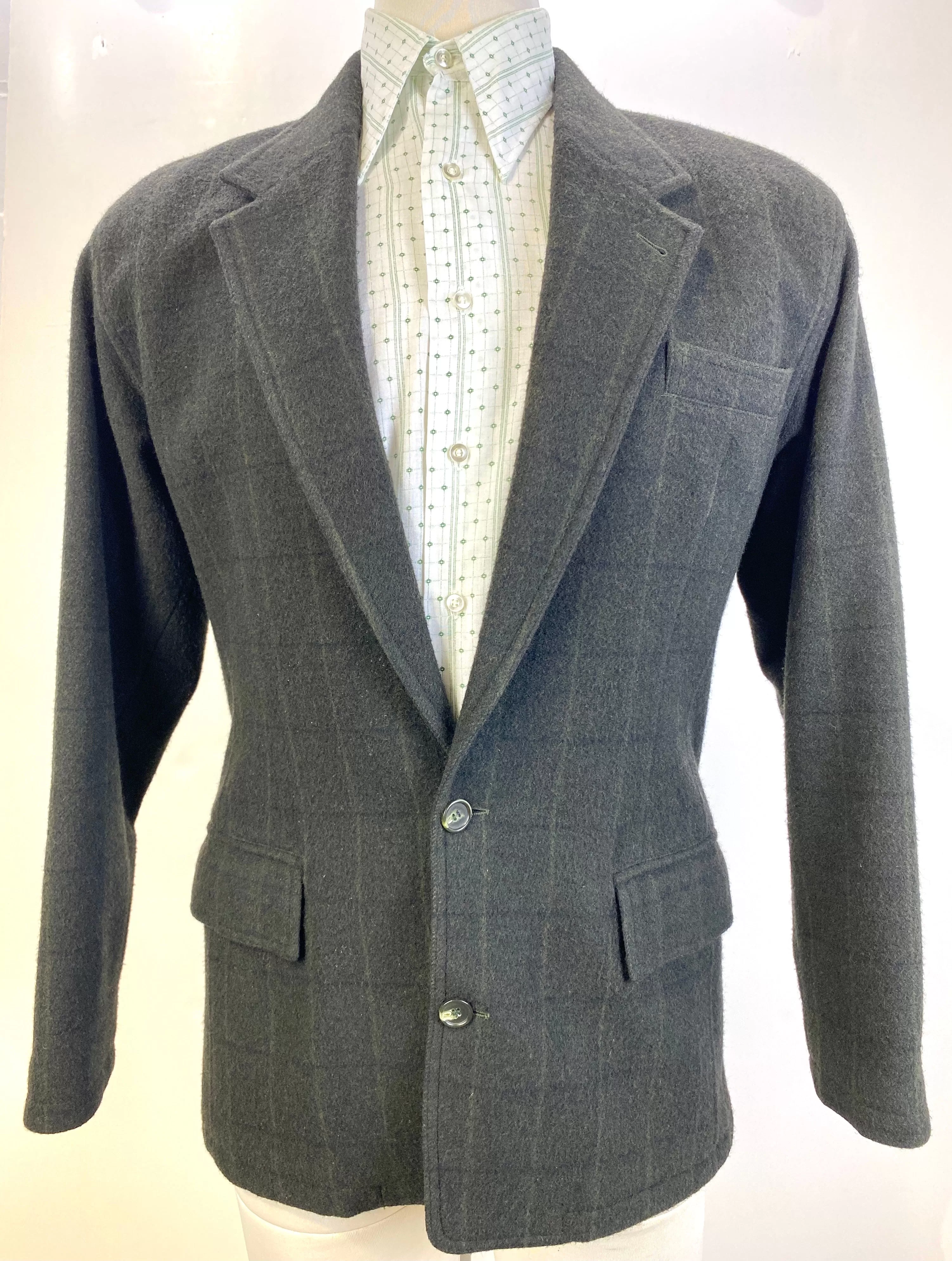 1980s Vintage Dark Green Windowpane Wool Men's Designer Blazer, Gianni Versace Italian Jacket, C40