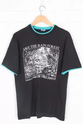 1990 Vintage Teal 'Save the Rainforest' Conservation Double Collared Tee (M)