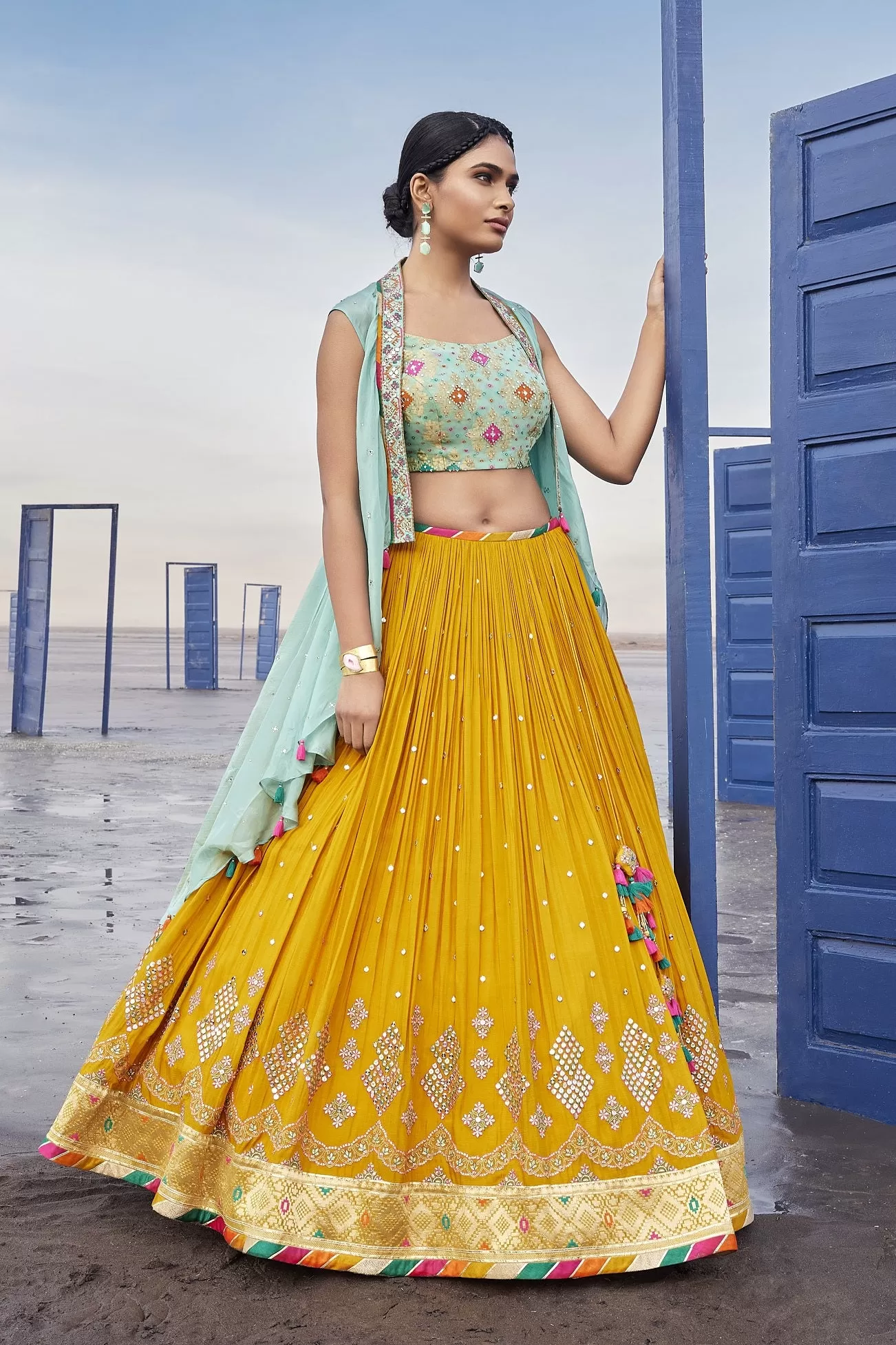 310074 Pastel Green and Mustard Georgette Lehenga with Crop Jacket