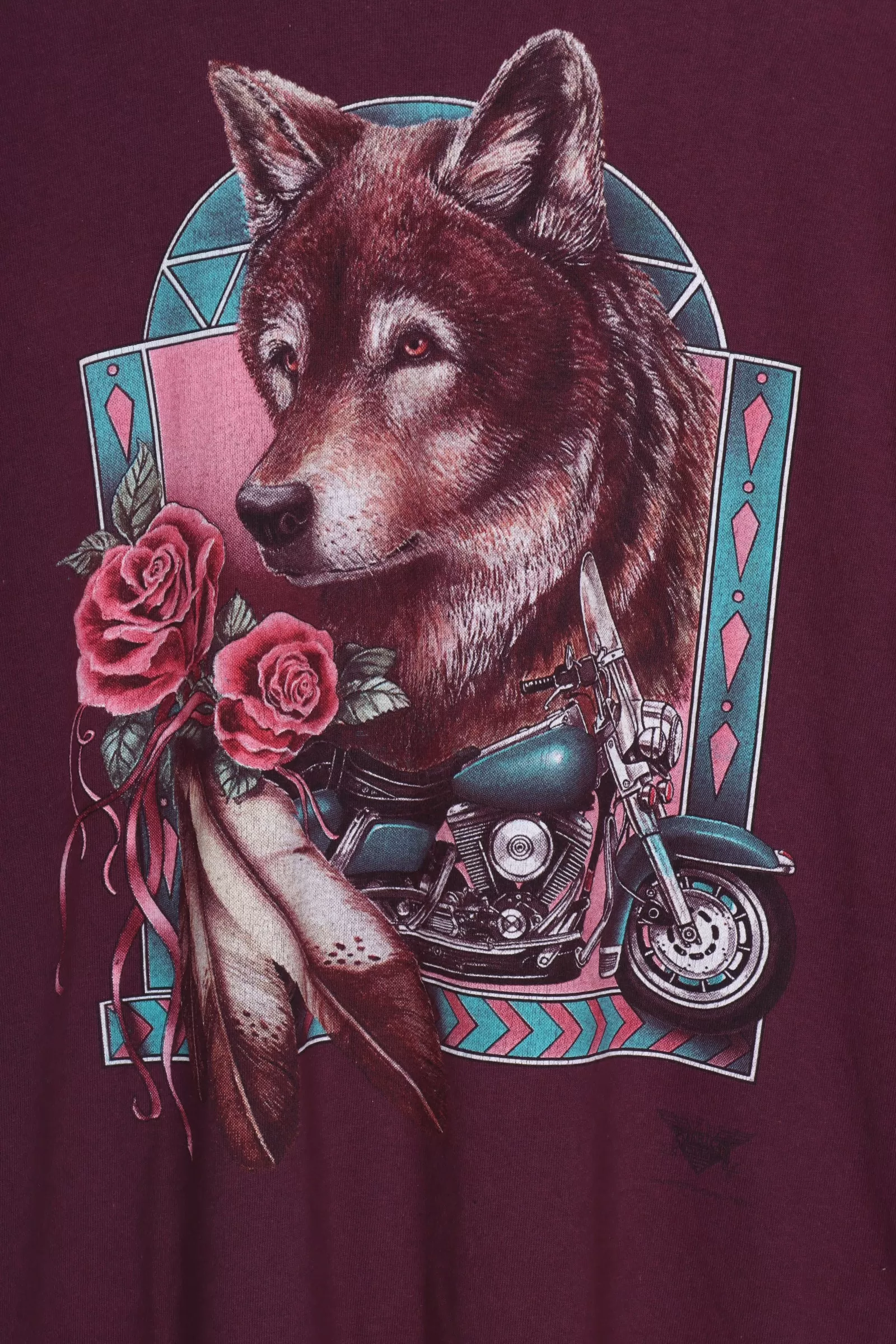 3D EMBLEM Wolf & Motorbikes Aztec Burgundy Graphic Tee (L)