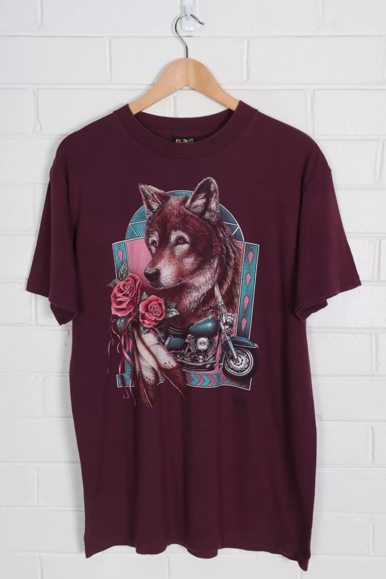 3D EMBLEM Wolf & Motorbikes Aztec Burgundy Graphic Tee (L)