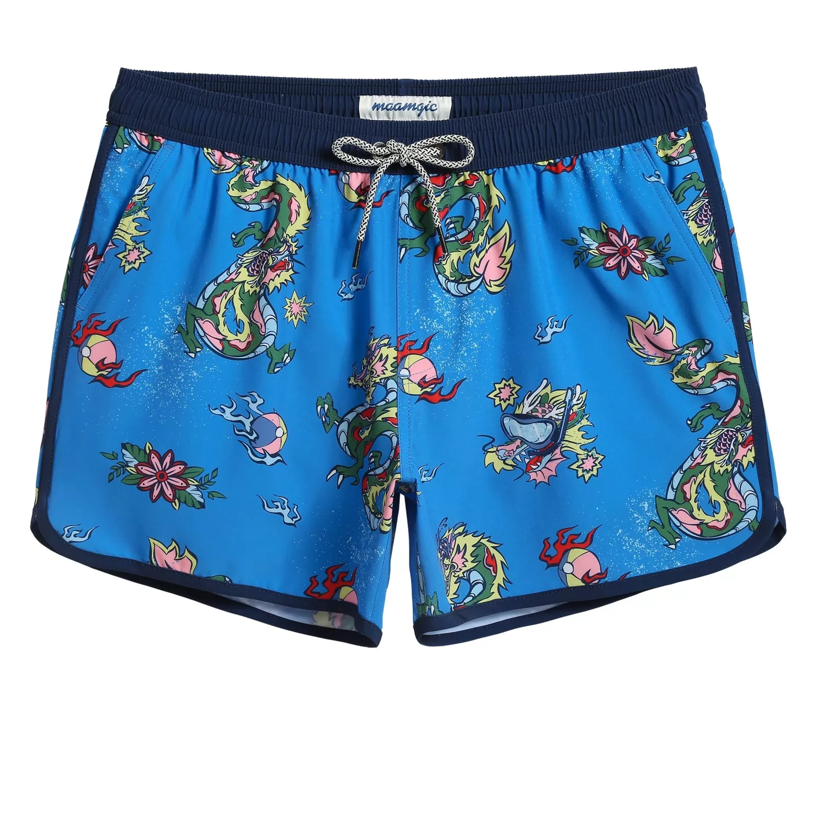 4.5 Inch Inseam Vintage Stretch Neon Dragon Swim Trunks