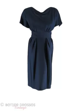 50s/60s Navy Silk Sheath Dress - sm