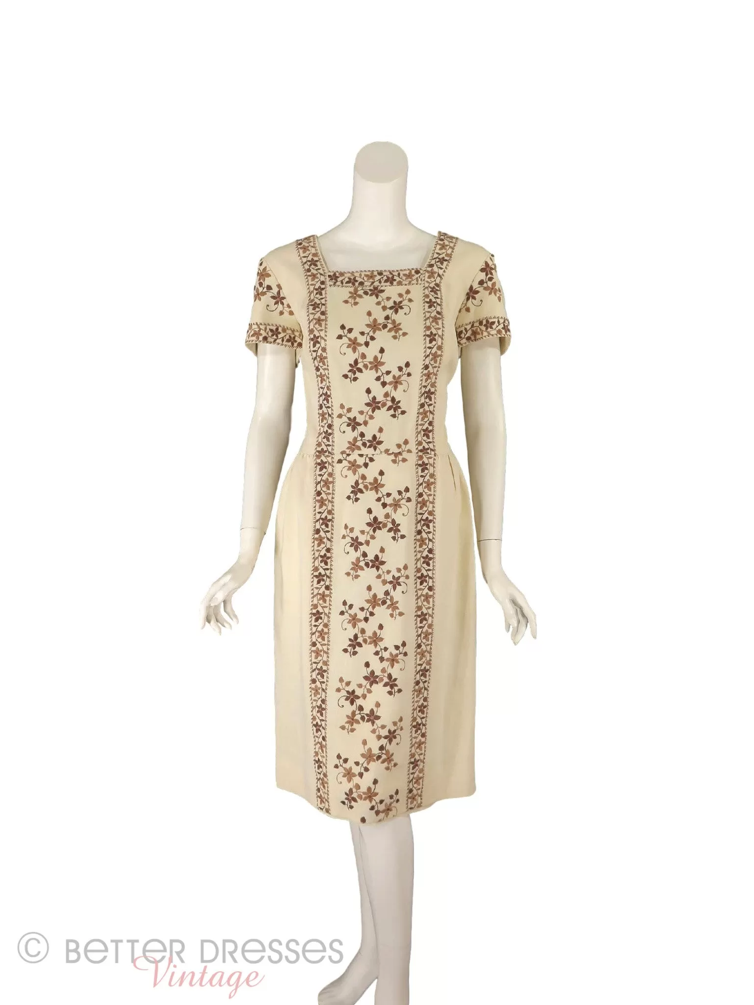 60s Cream Embroidered Sheath Dress - med