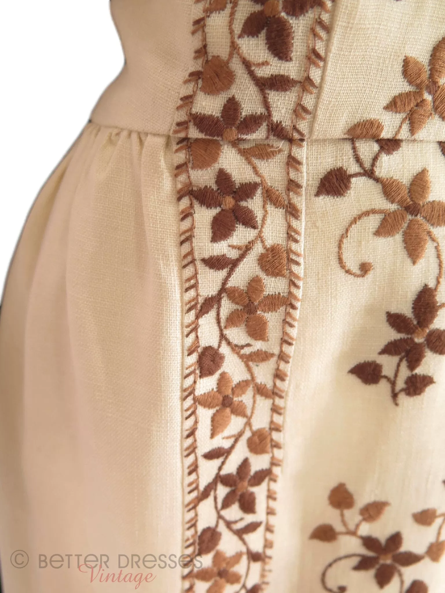 60s Cream Embroidered Sheath Dress - med