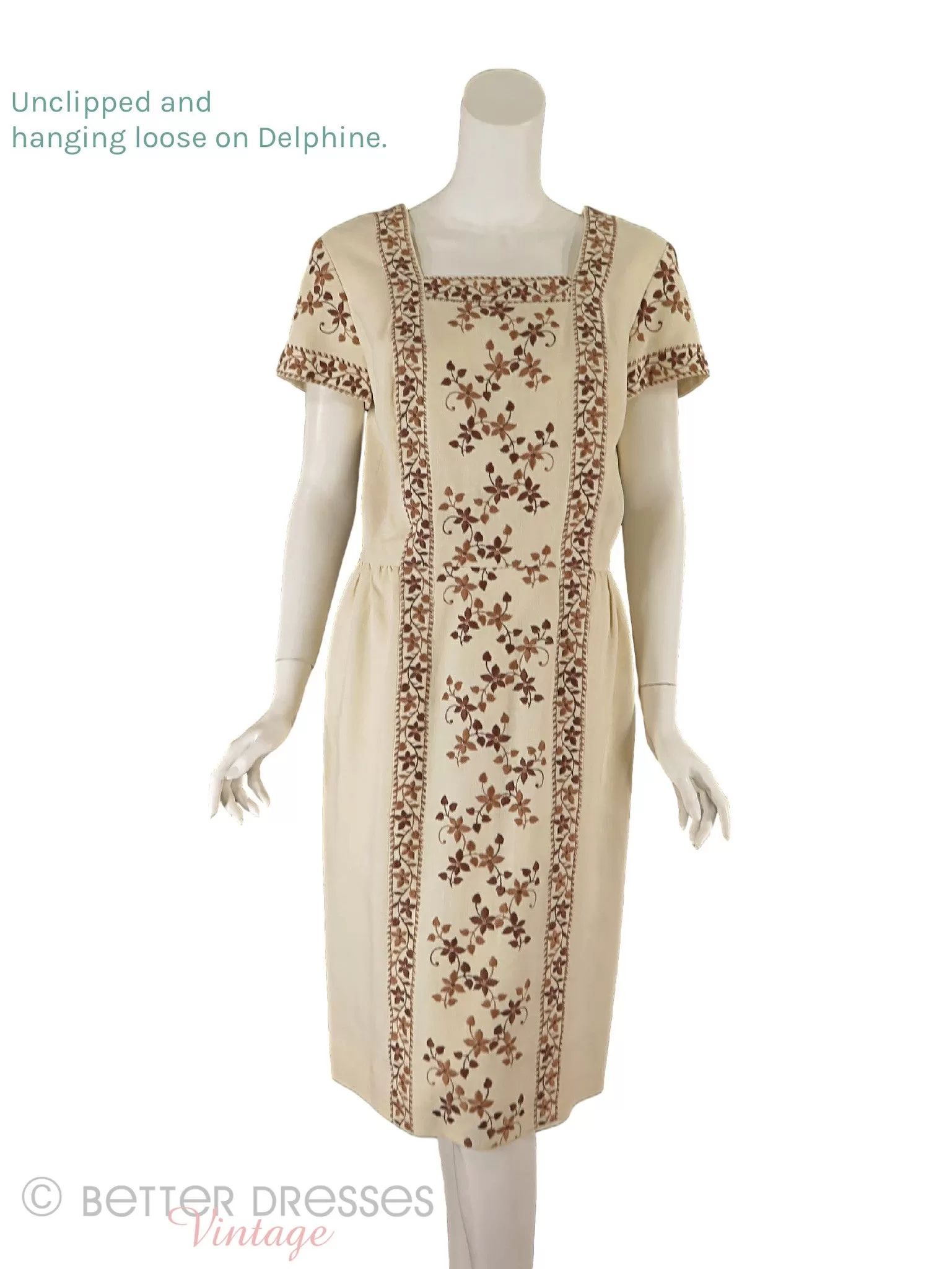 60s Cream Embroidered Sheath Dress - med