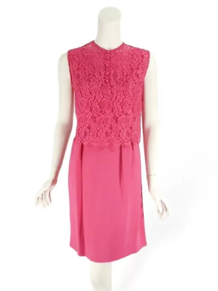 60s Fuchsia Pink Dress With Lace Overlay - sm, med