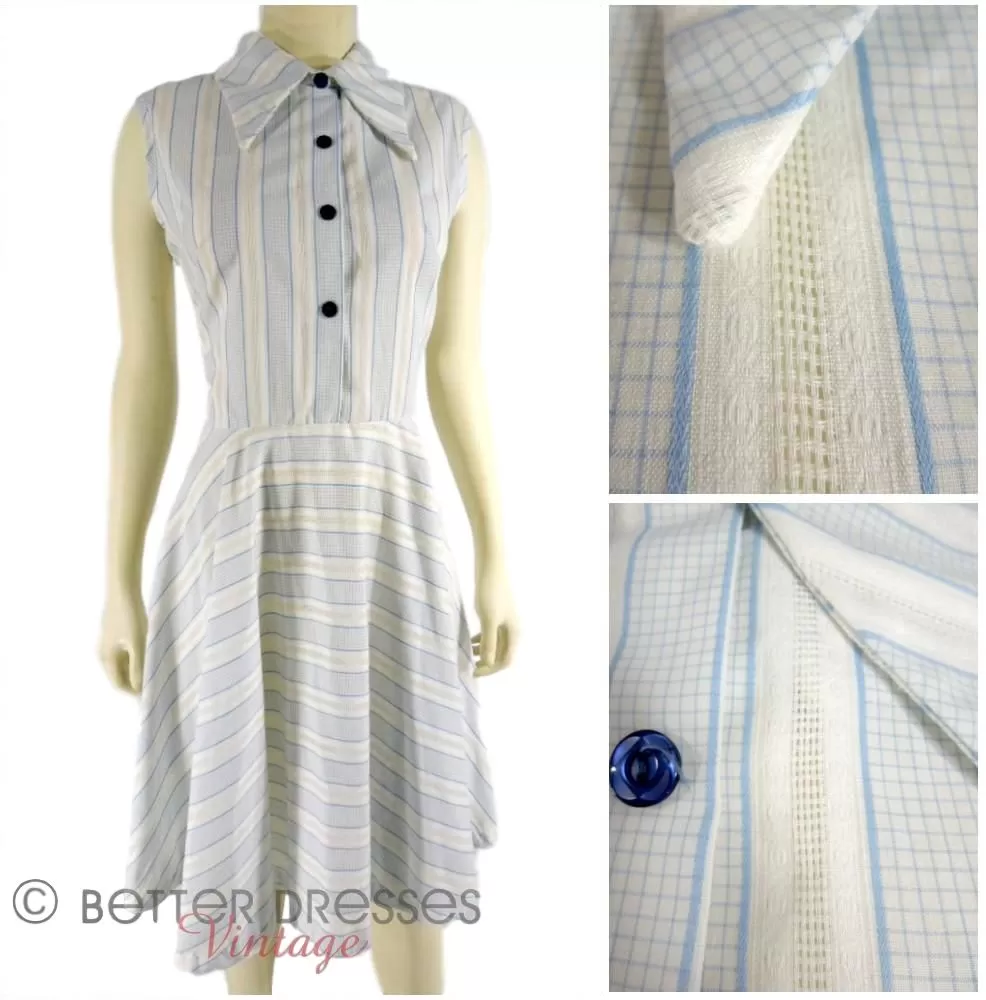 60s Full-Circle Dress in Blue and White Stripes - sm, med