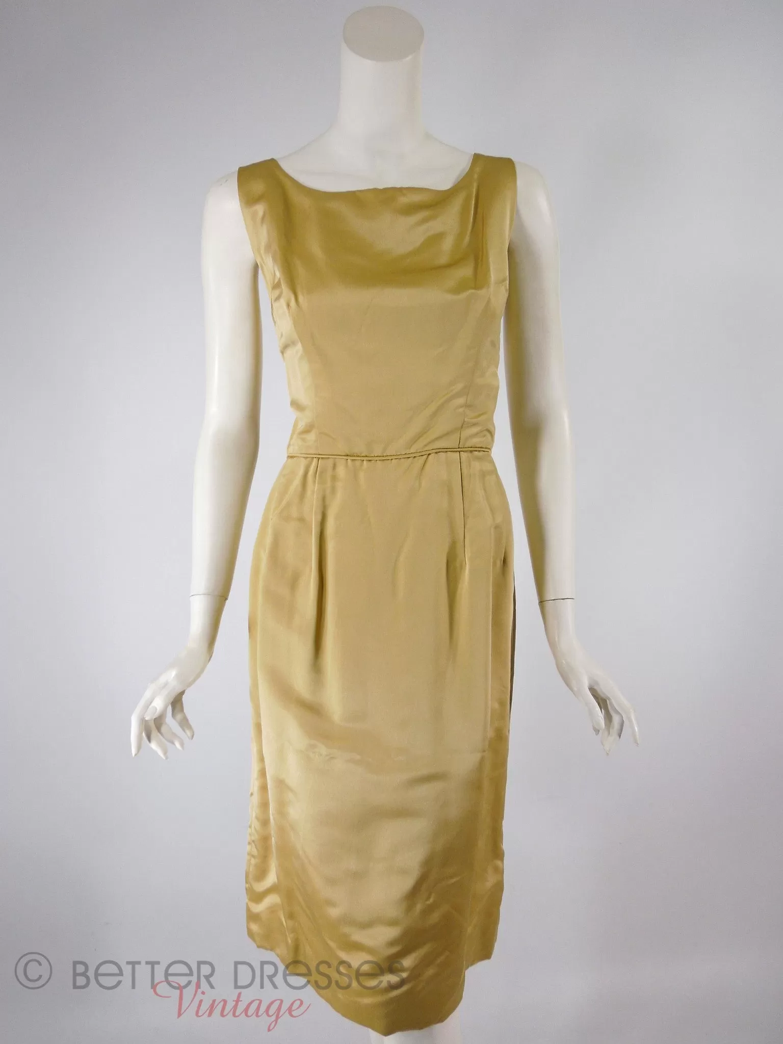 60s Gold Satin Sheath Dress With Overlay - med