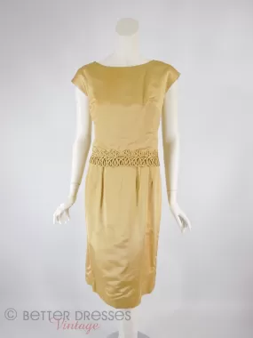 60s Gold Satin Sheath Dress With Overlay - med