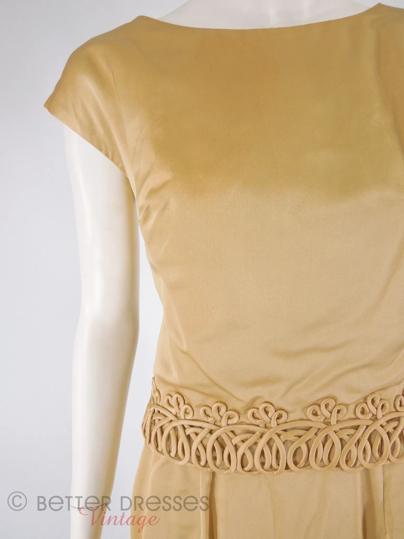 60s Gold Satin Sheath Dress With Overlay - med