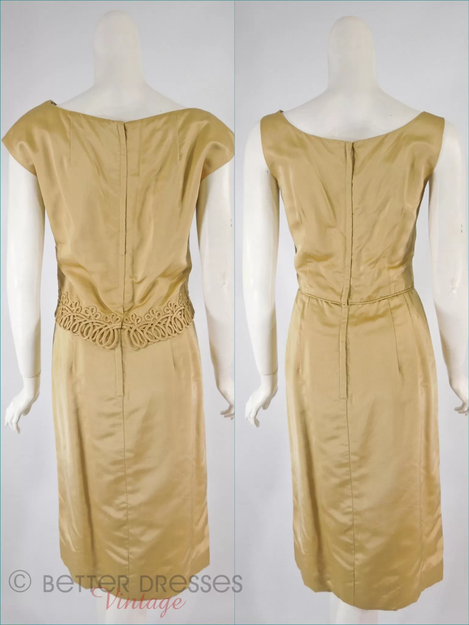 60s Gold Satin Sheath Dress With Overlay - med