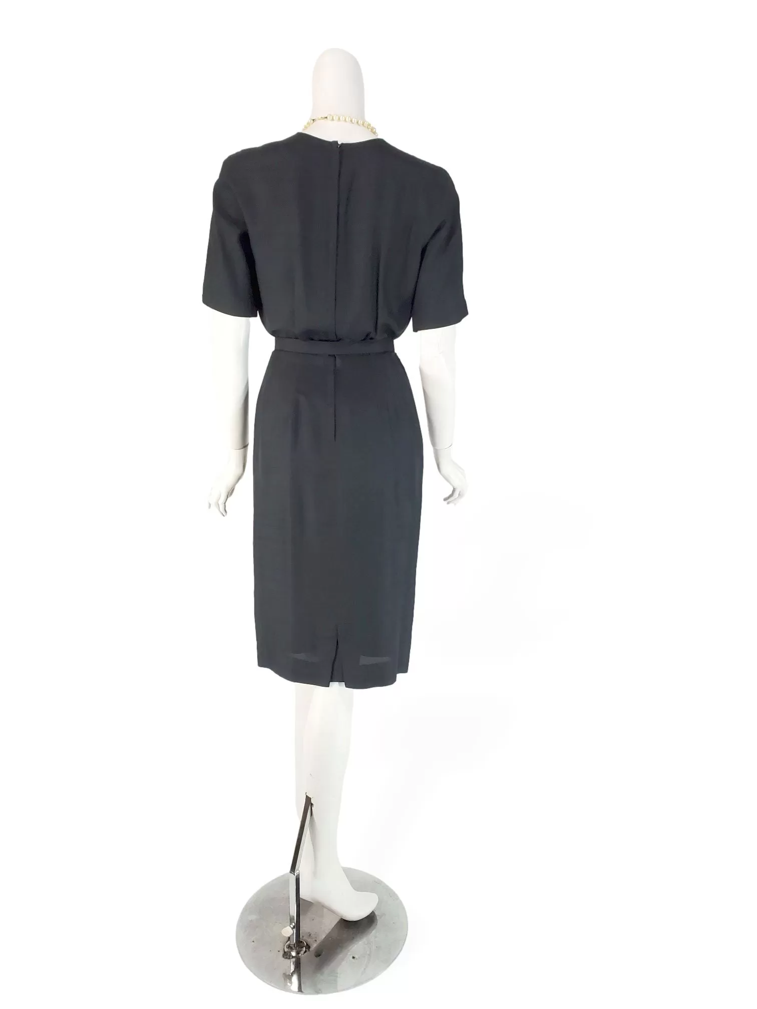 60s Short-Sleeve Sheath Dress in Black Silk - sm