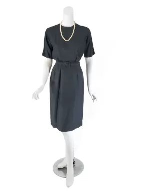 60s Short-Sleeve Sheath Dress in Black Silk - sm