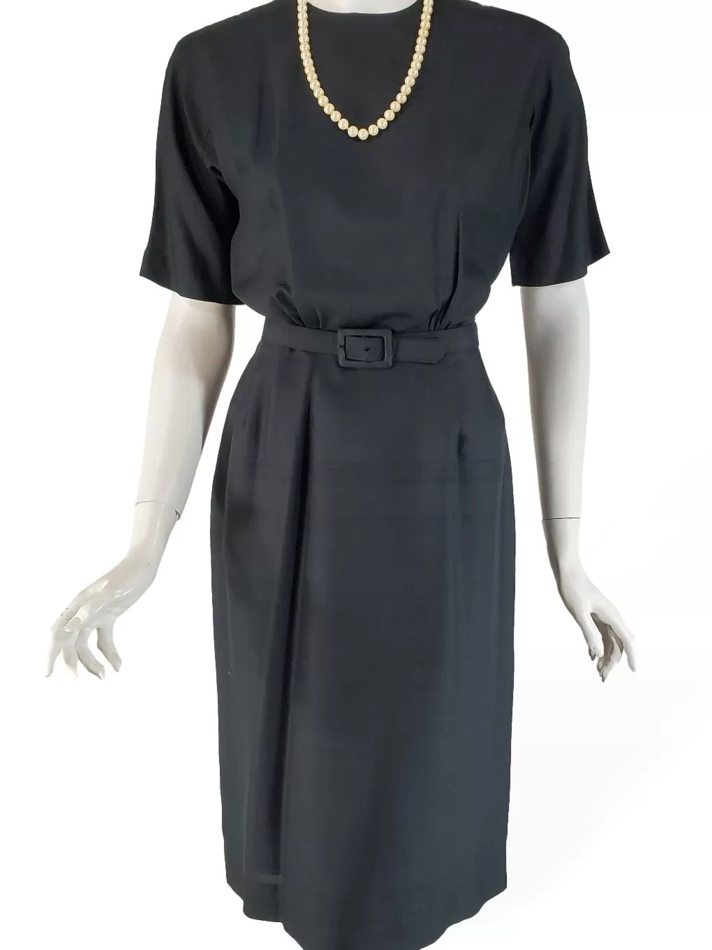 60s Short-Sleeve Sheath Dress in Black Silk - sm