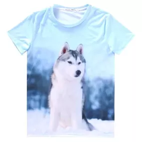 Adorable Husky Puppy Dog Graphic Print T-Shirt in Blue | Gifts for Dog Lovers