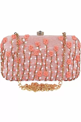 Adorn Embroidered & Embellished Faux Silk Clutch Baby Pink