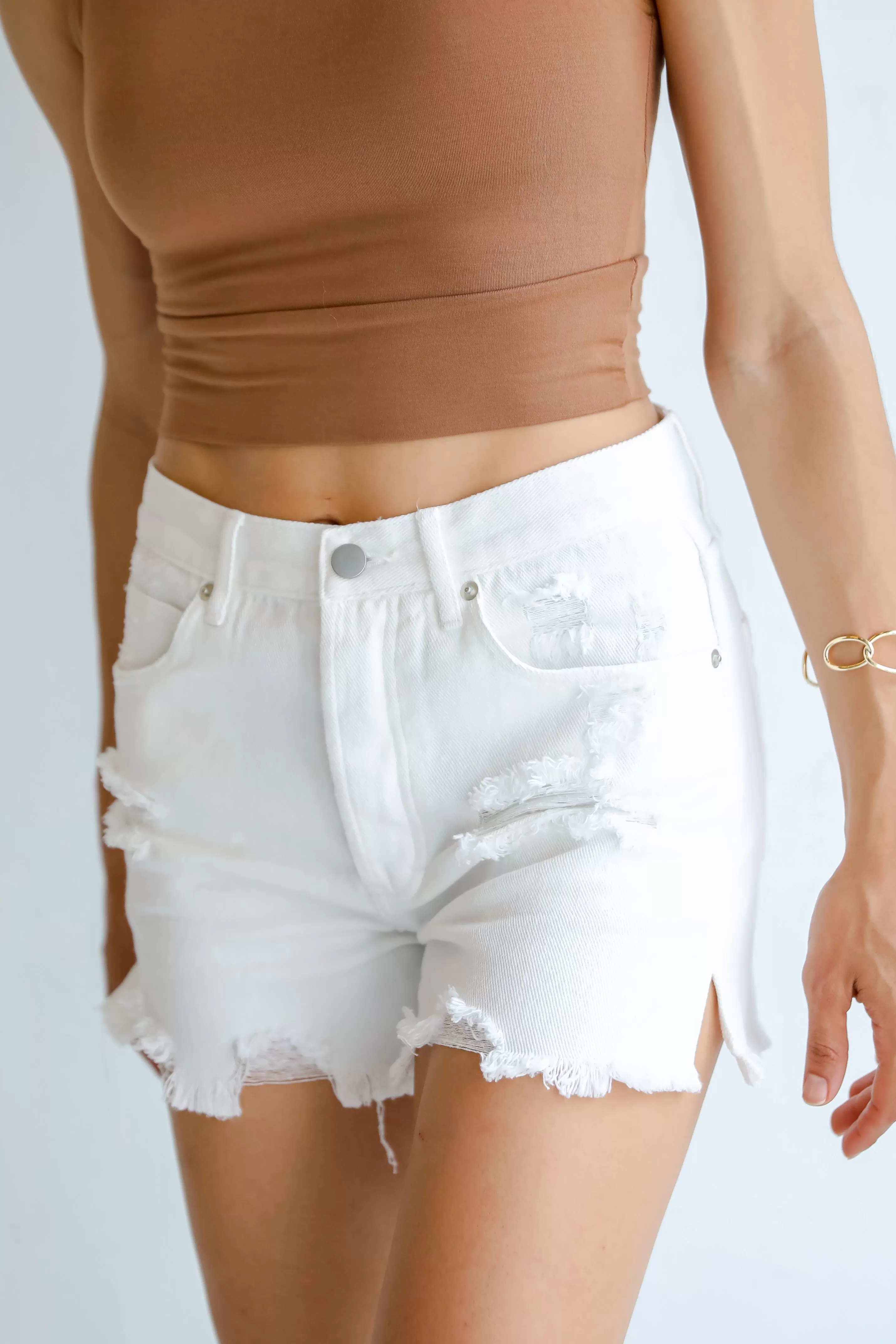 Ashley White Distressed Denim Shorts