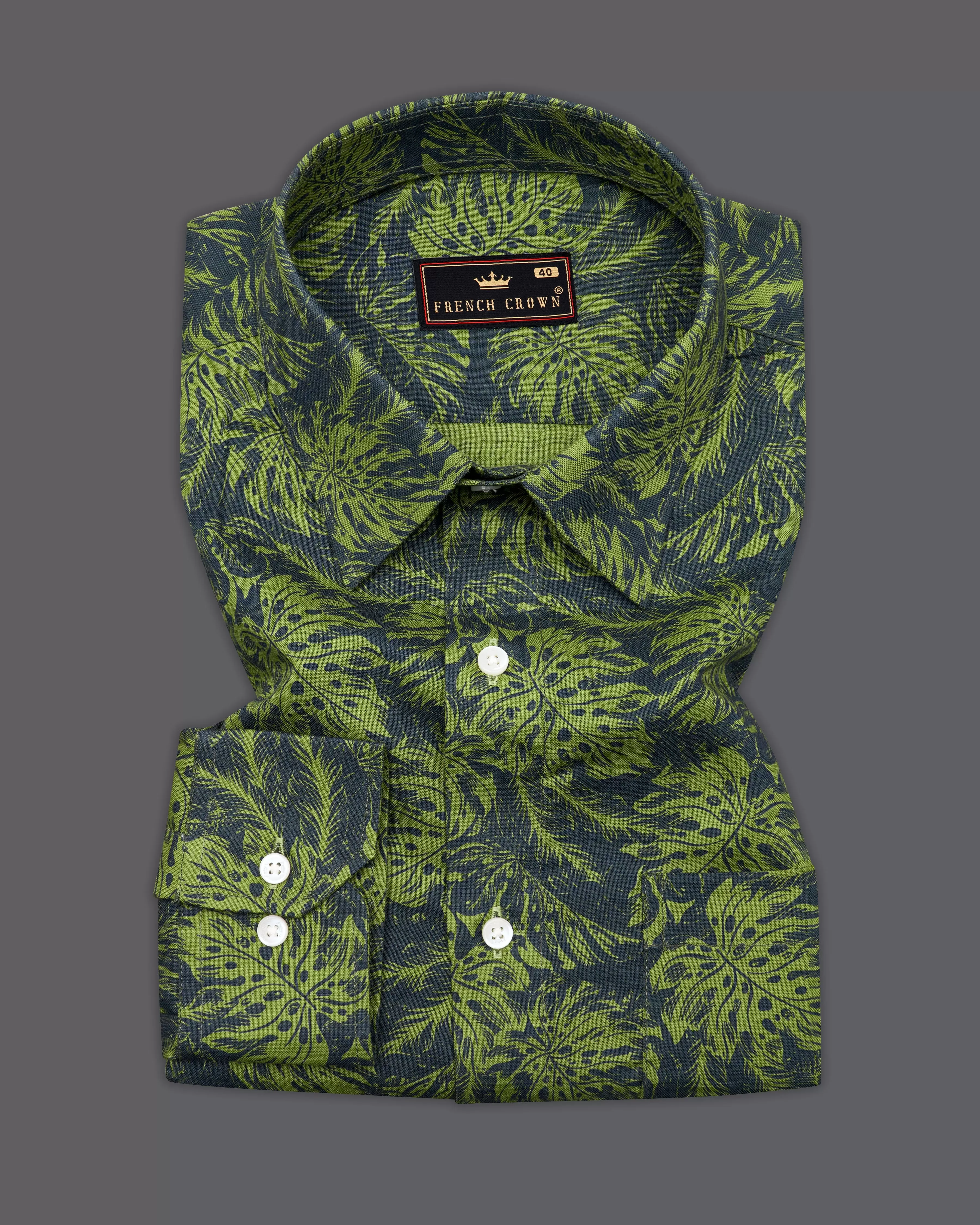 Asparagus Green with Black Floral Textured Luxurious Linen Shirt