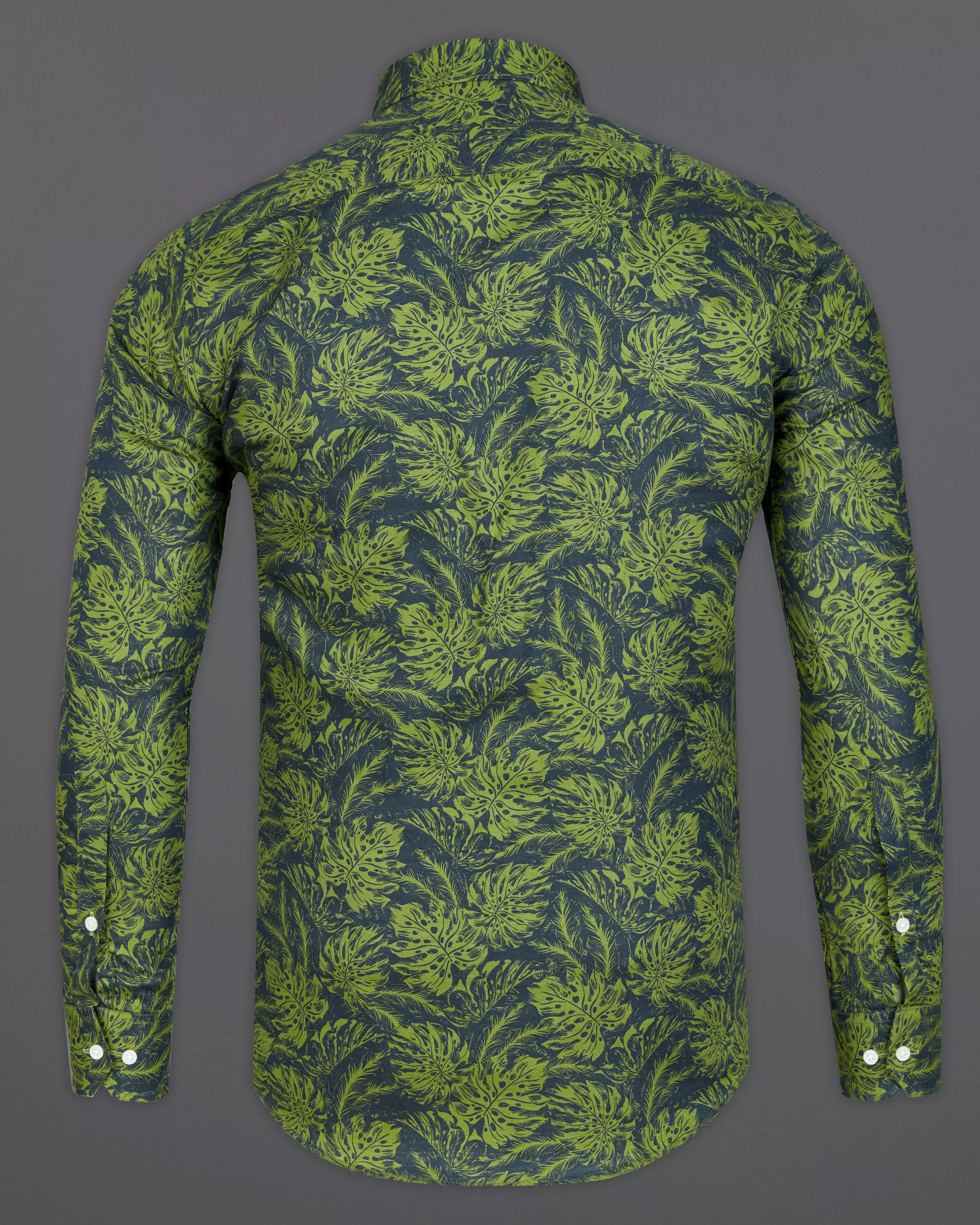 Asparagus Green with Black Floral Textured Luxurious Linen Shirt