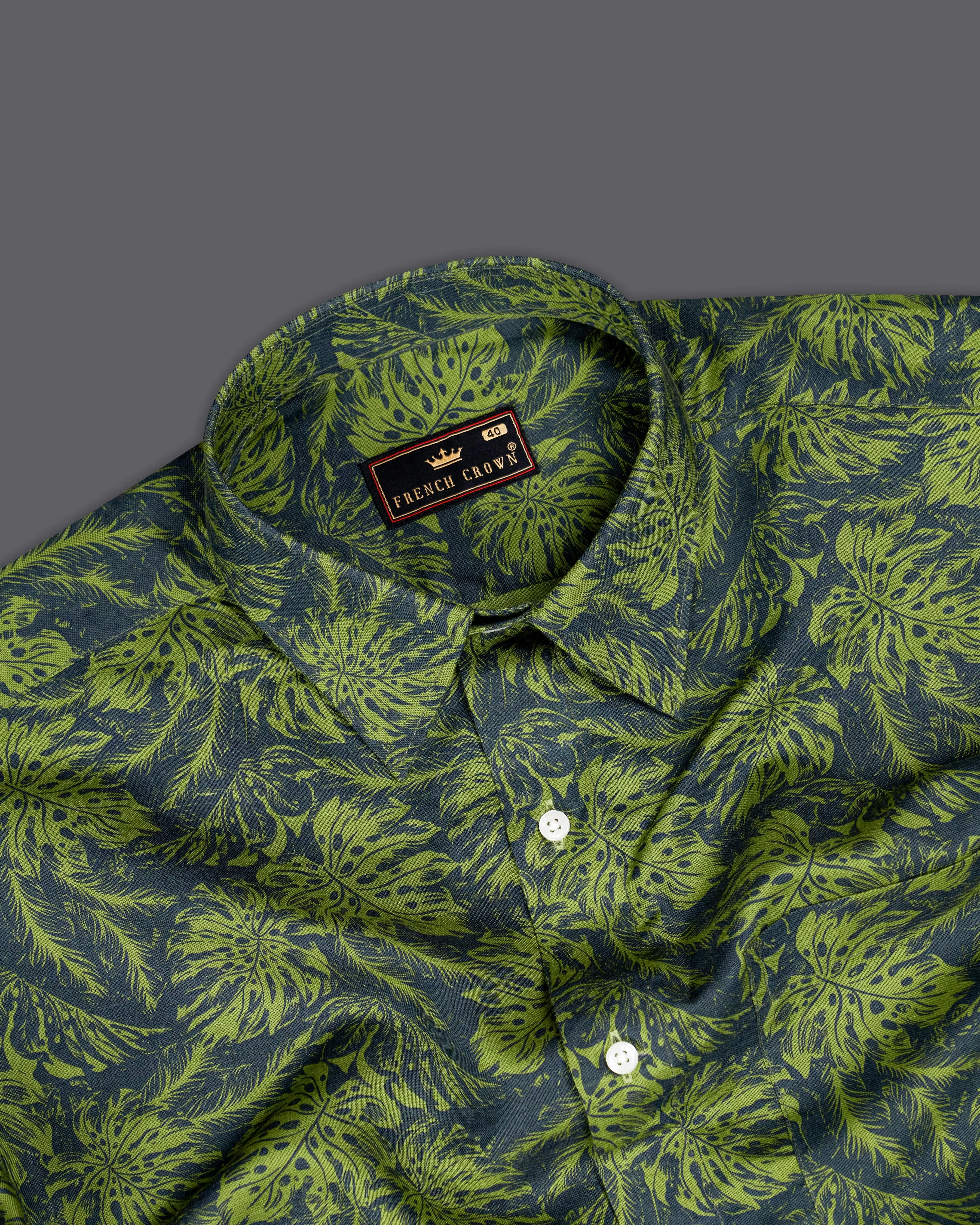 Asparagus Green with Black Floral Textured Luxurious Linen Shirt