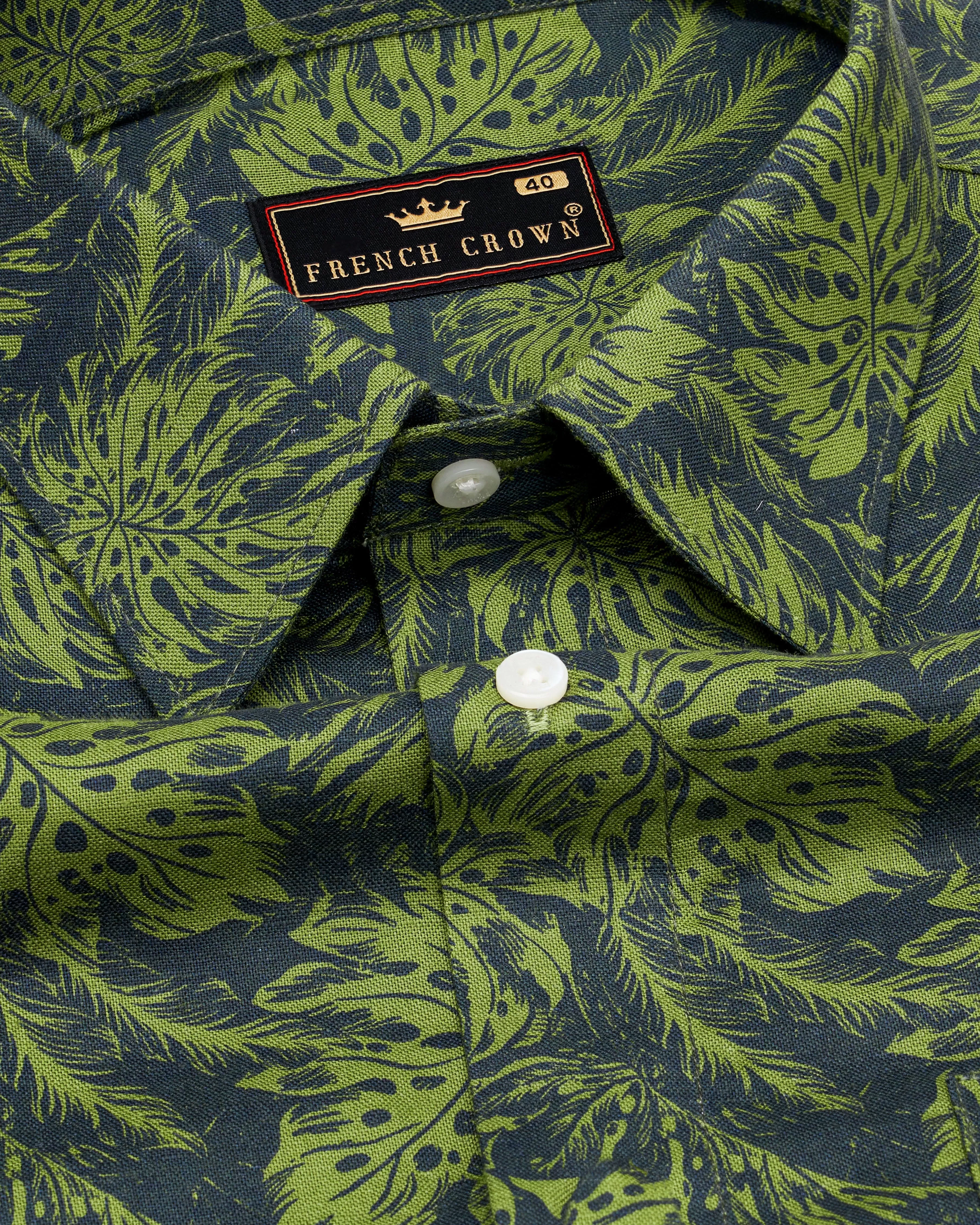 Asparagus Green with Black Floral Textured Luxurious Linen Shirt