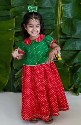 Baby Girl Bandhani Pattu Pavdai-Green