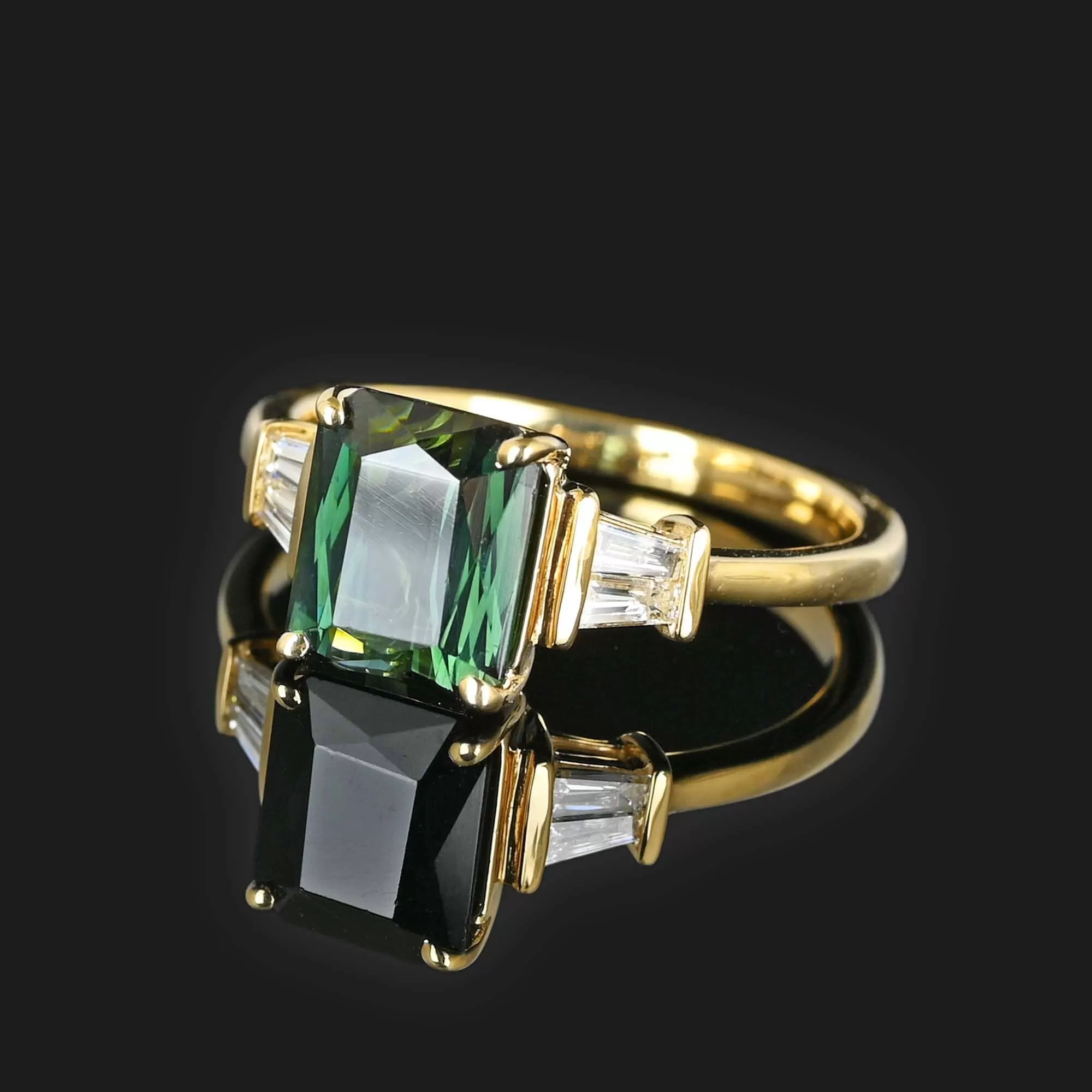 Baguette Diamond Green Tourmaline Ring in 14K Gold