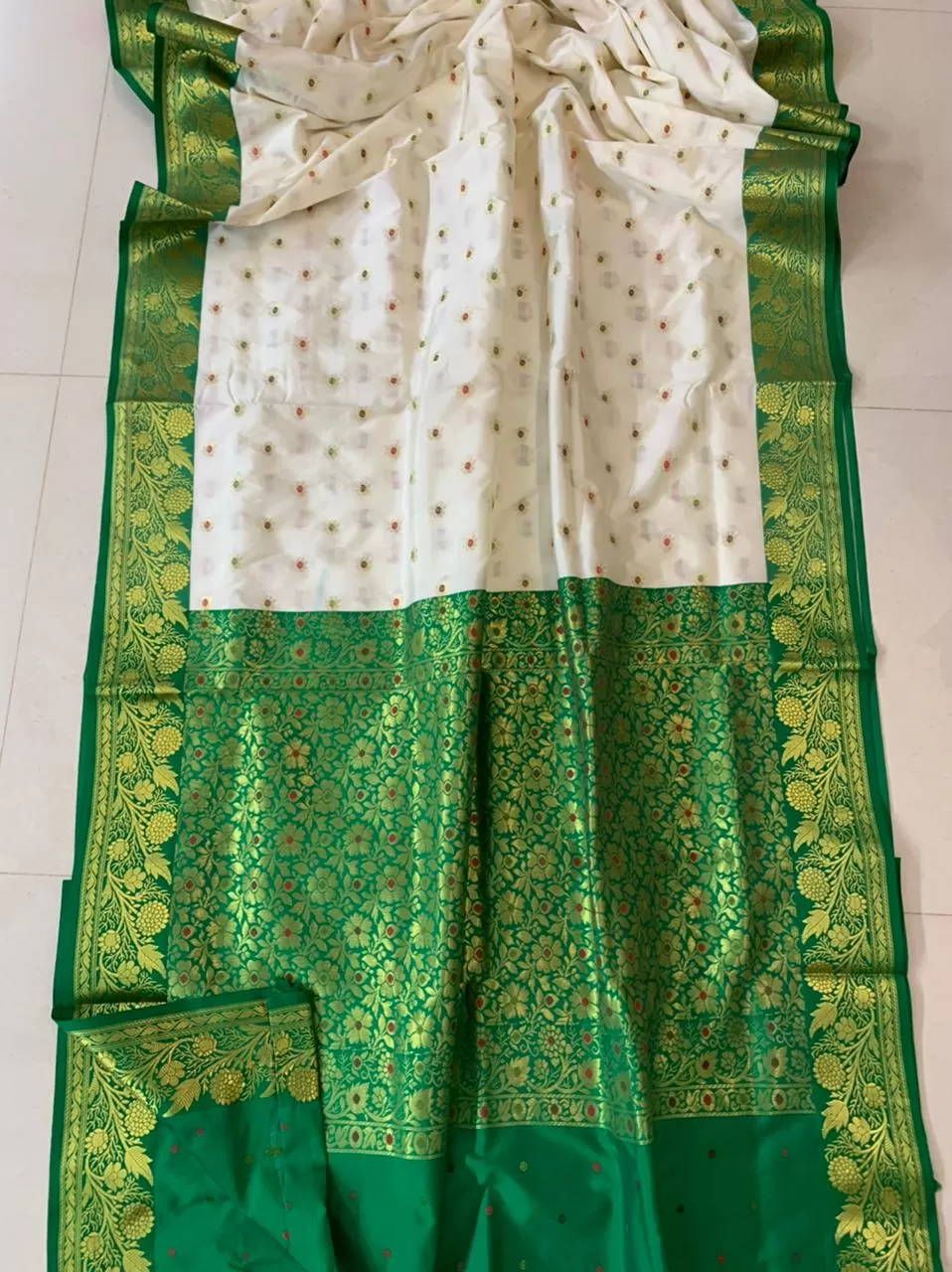 Banarasi Silk Saree In White And Green