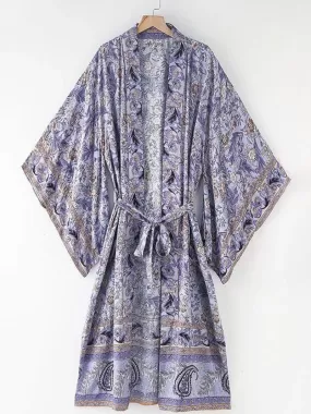 Beachwear Floral Print Purple Color Cotton Long Length Gown Kimono Duster Robe