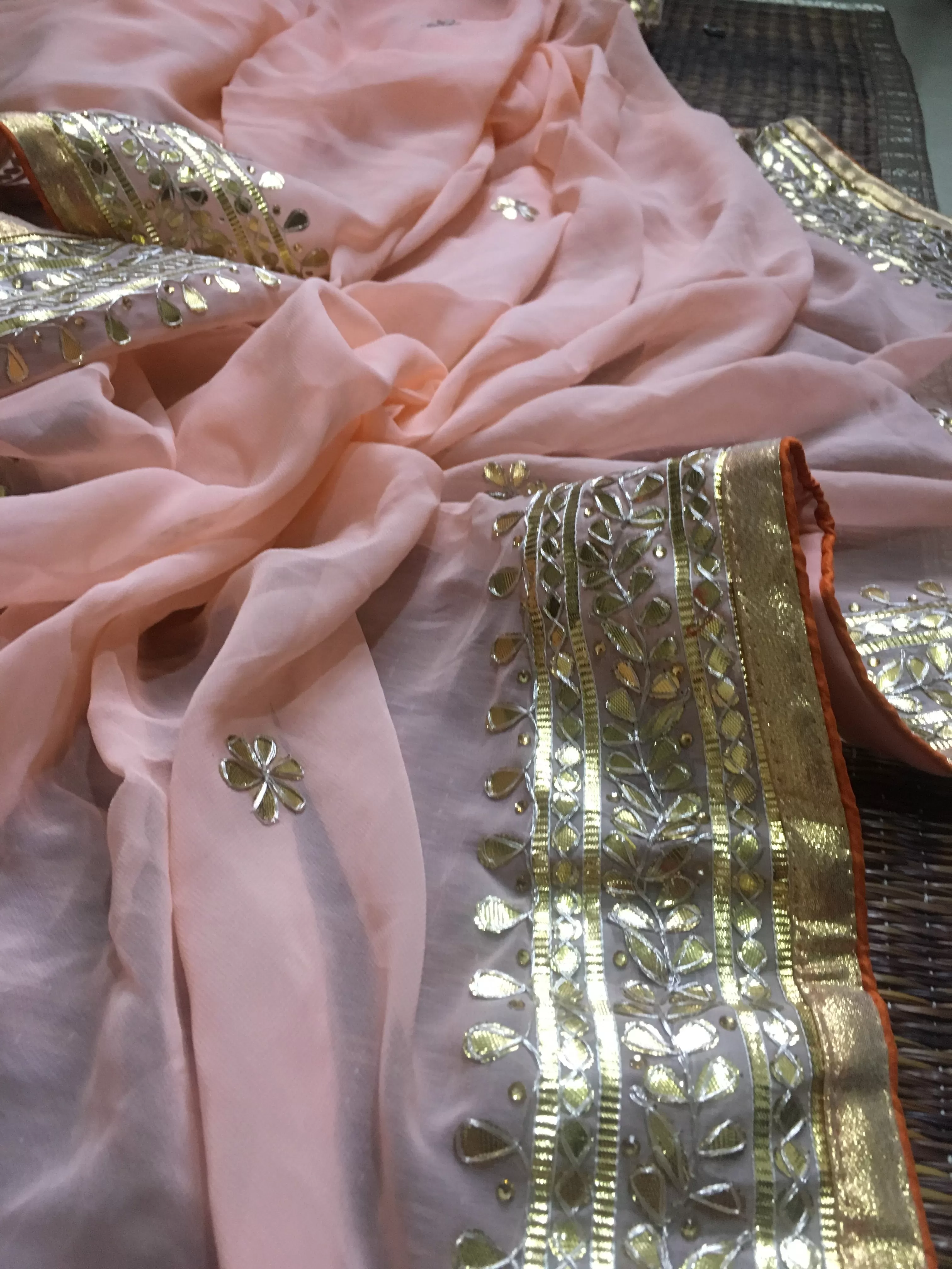 Beautiful Blush Peach Gota Patti Georgette Saree