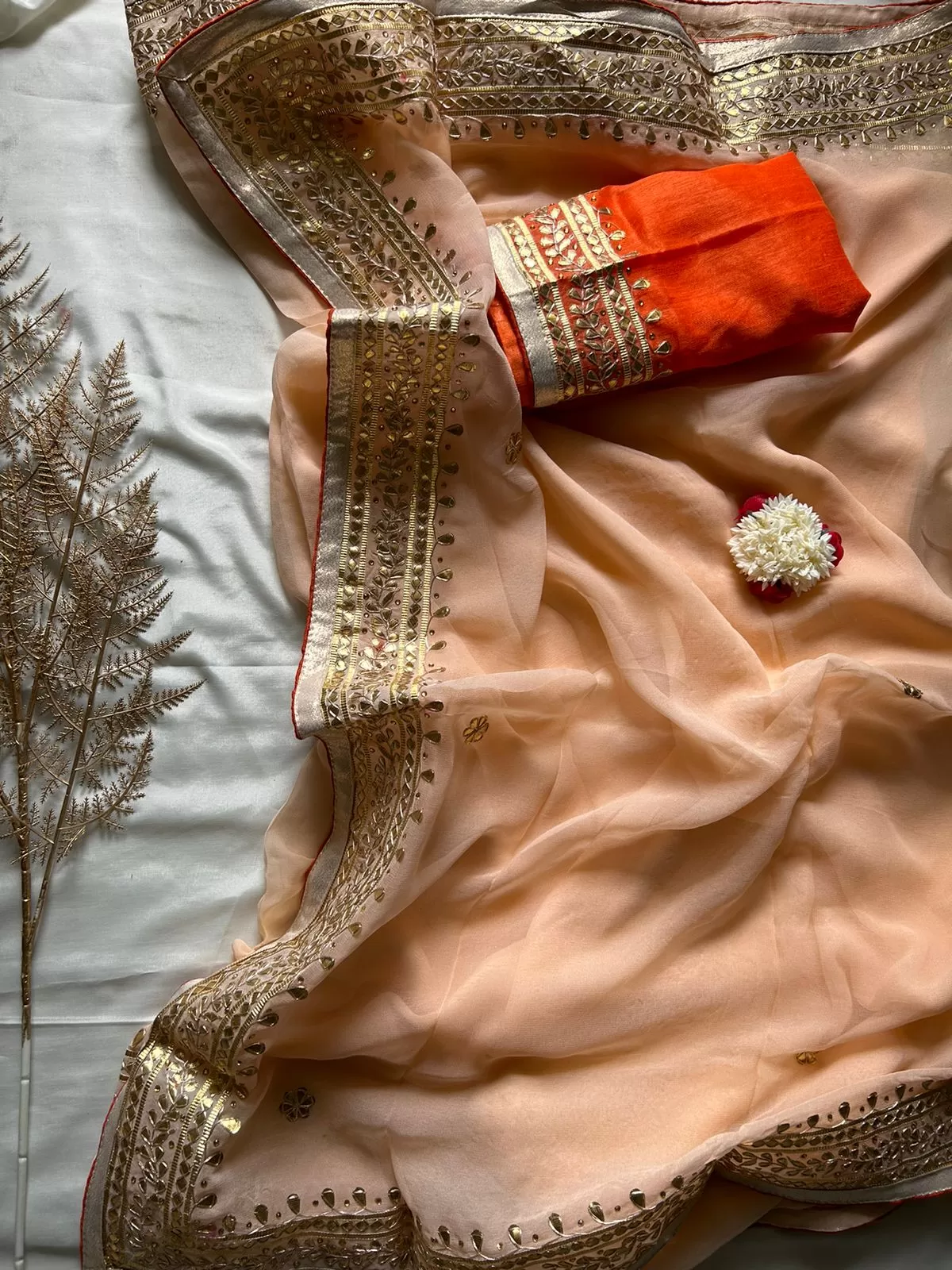 Beautiful Blush Peach Gota Patti Georgette Saree