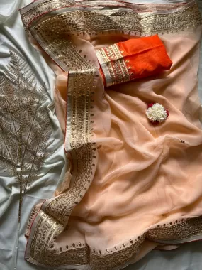 Beautiful Blush Peach Gota Patti Georgette Saree