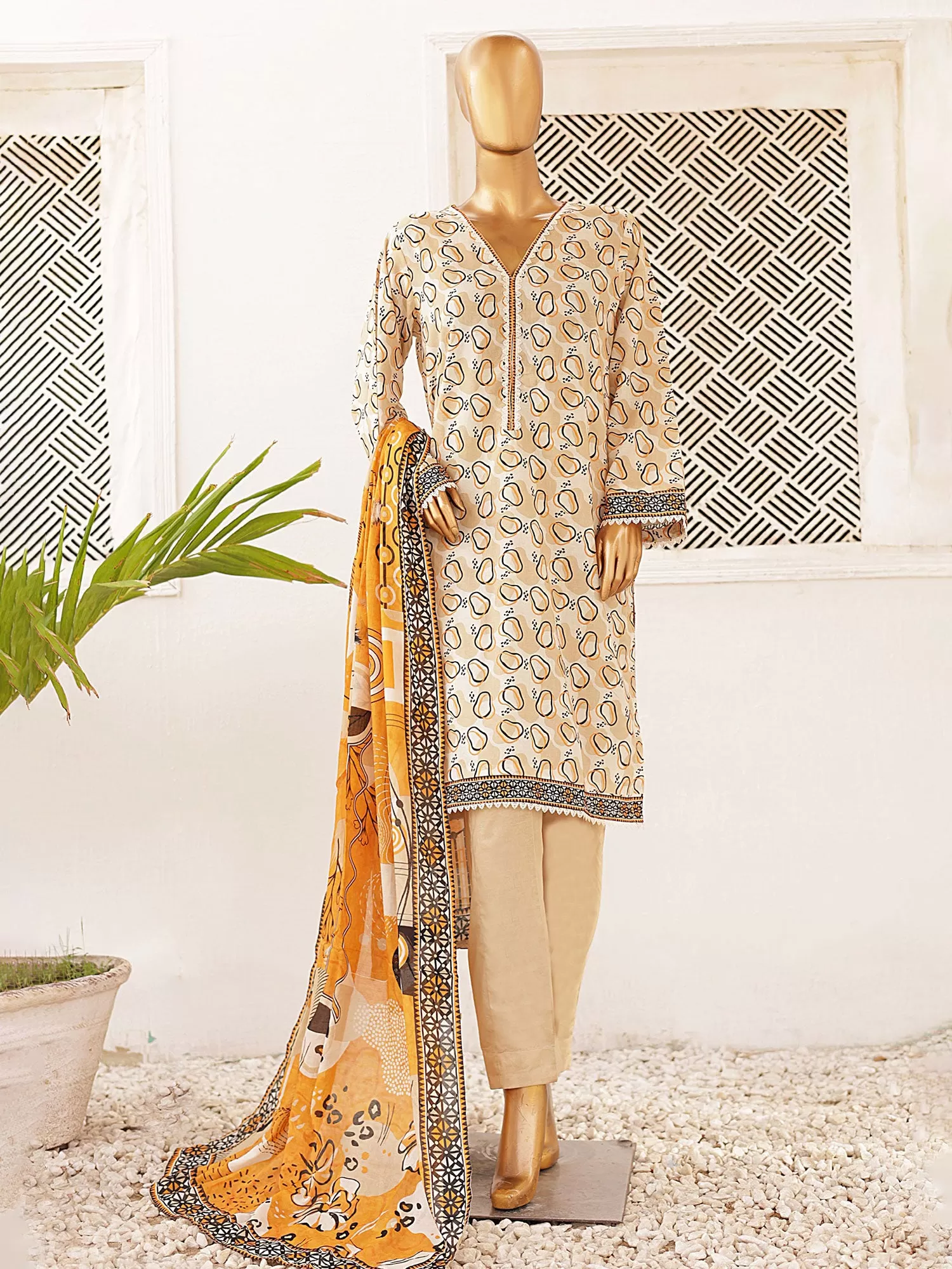 Bin Saeed Printed Lawn 3-Piece Suit - Beige