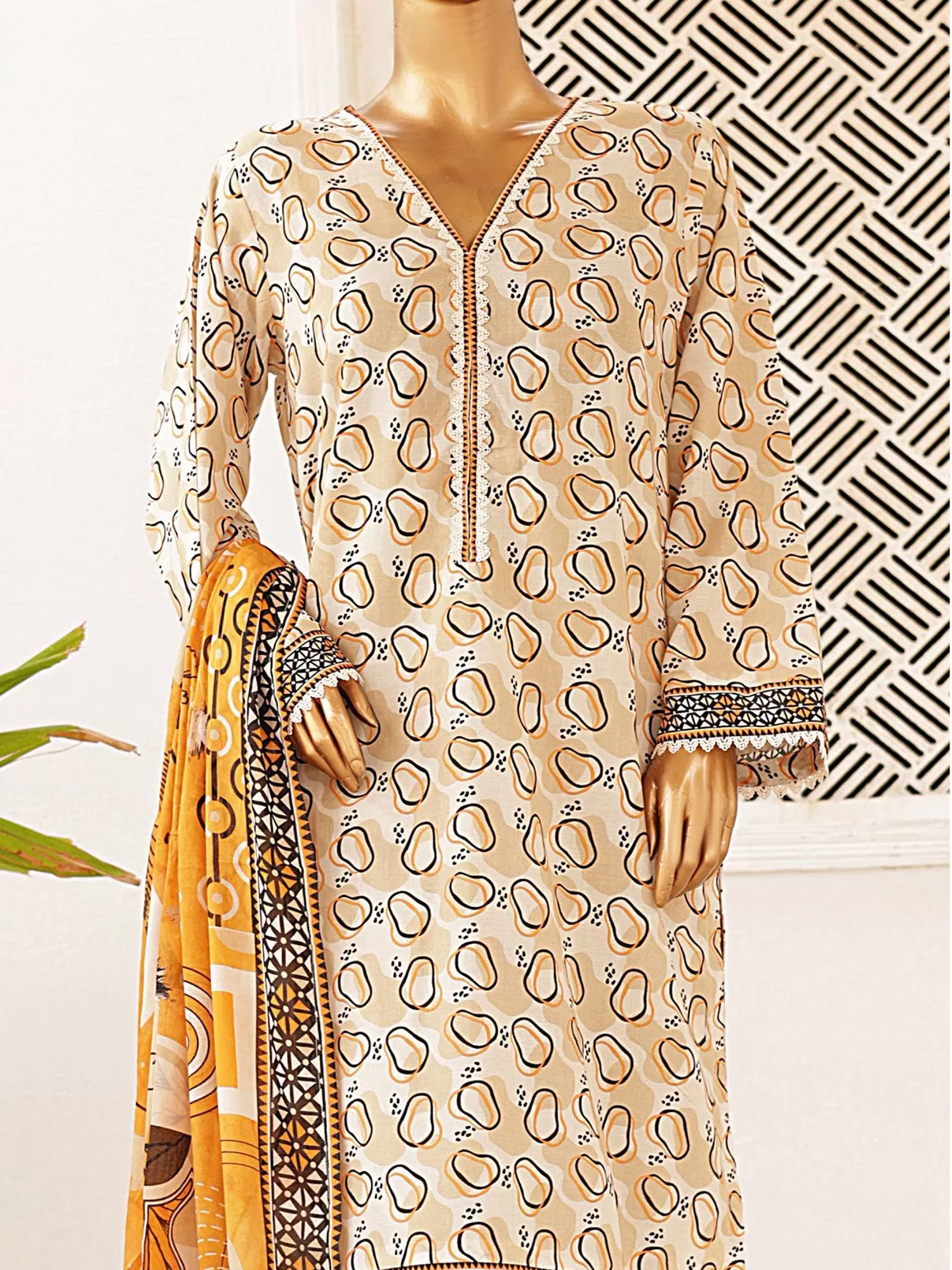 Bin Saeed Printed Lawn 3-Piece Suit - Beige