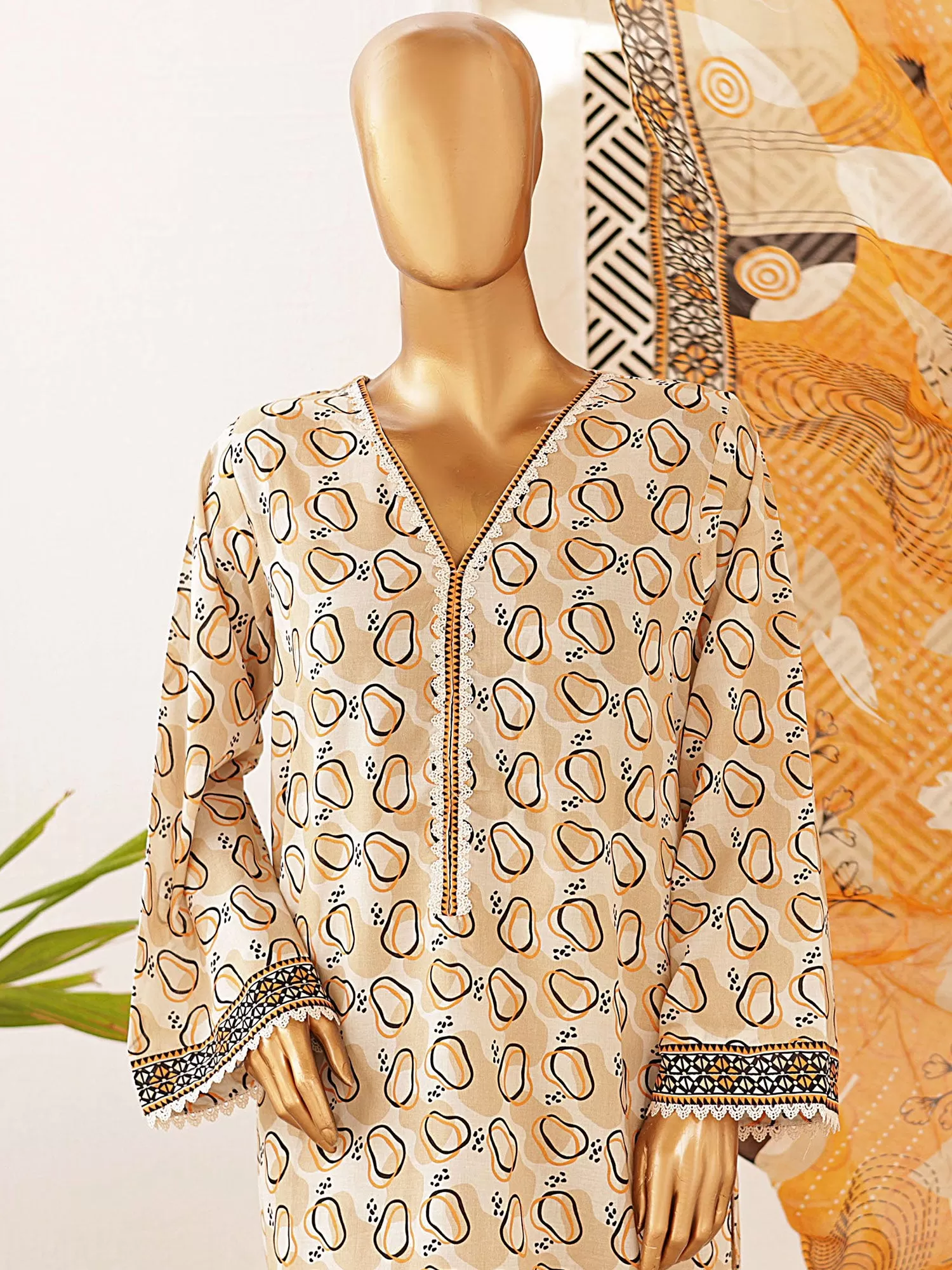 Bin Saeed Printed Lawn 3-Piece Suit - Beige