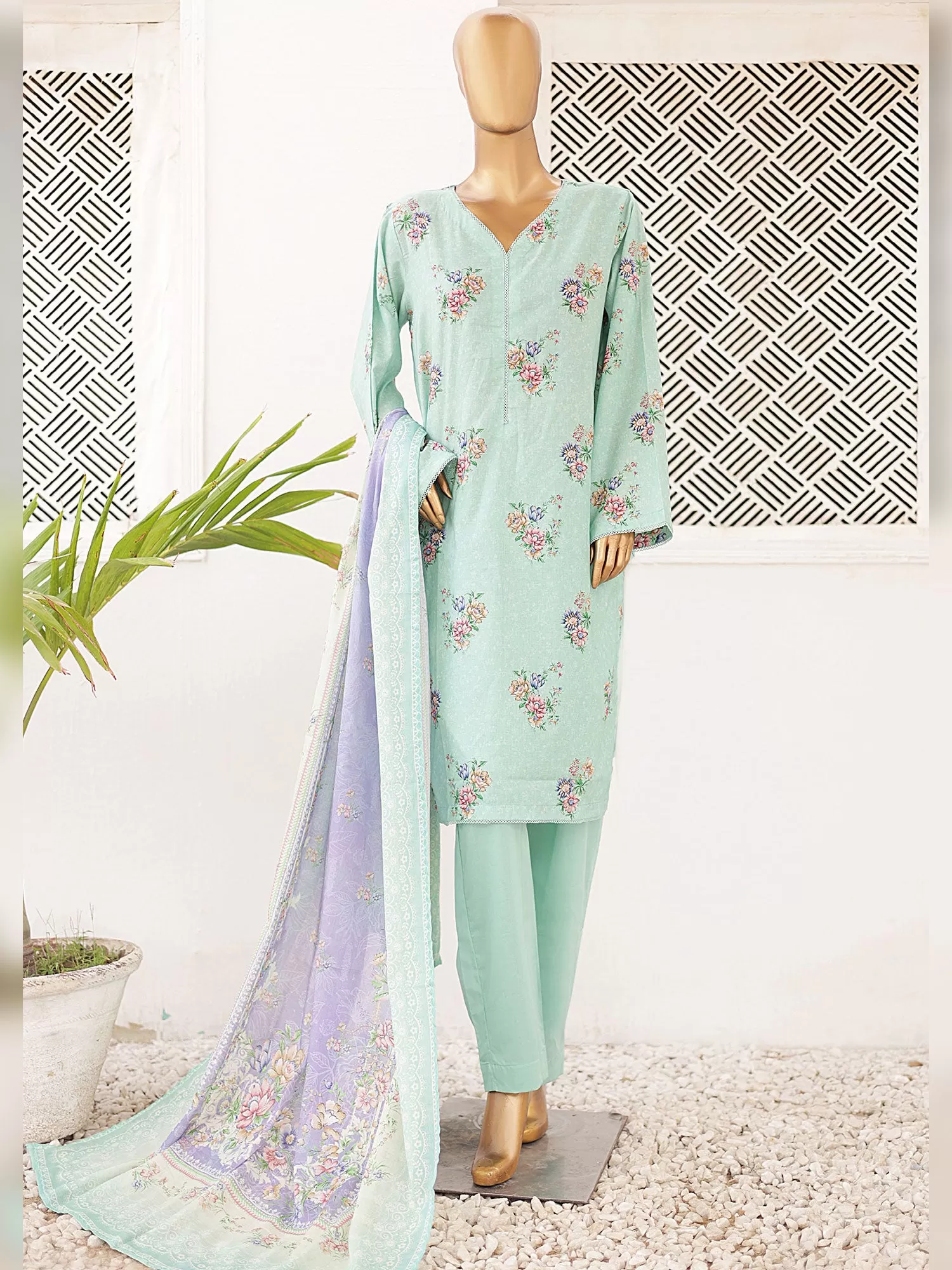 Bin Saeed Printed Lawn 3-Piece Suit - Mint Green