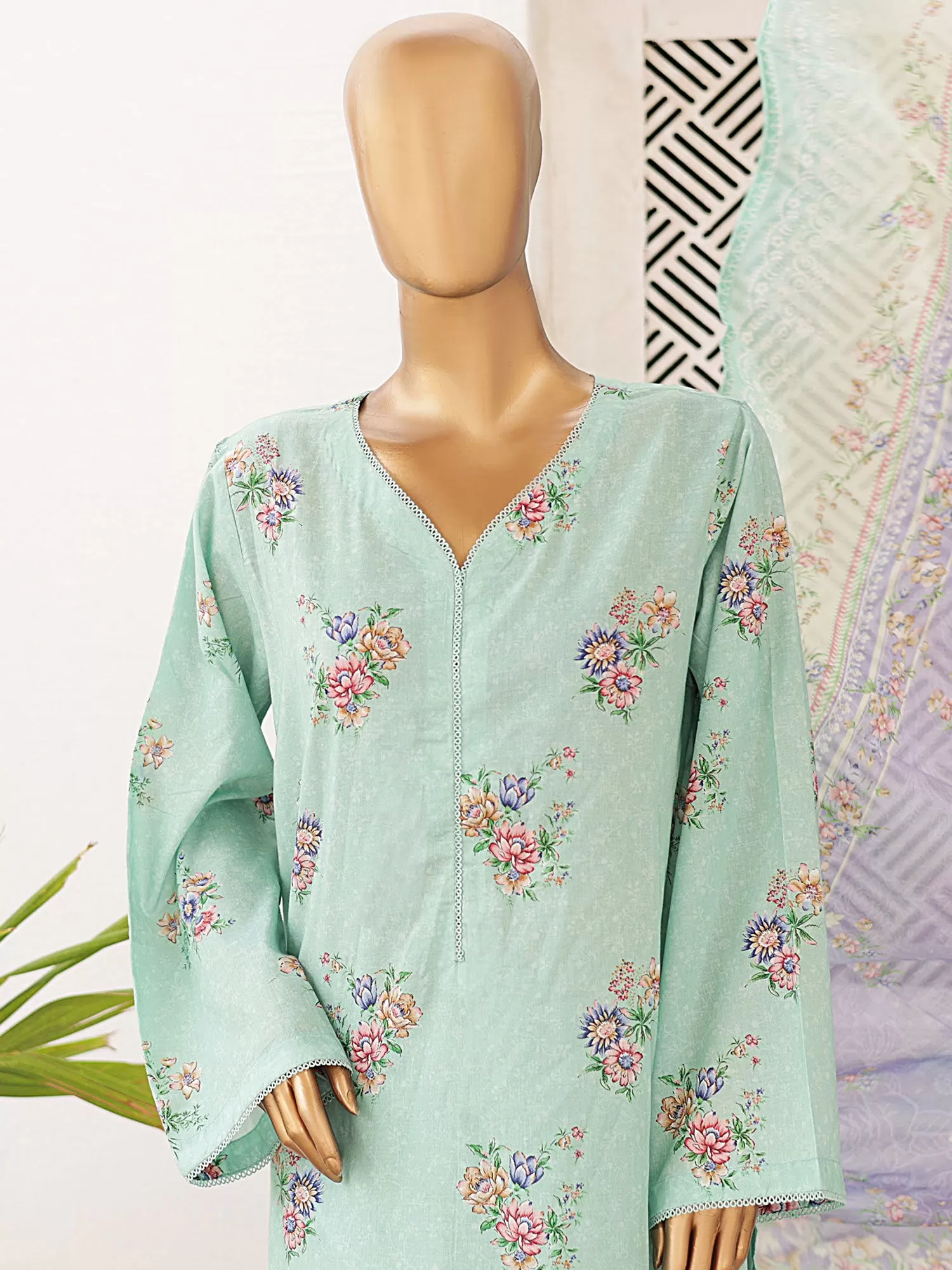 Bin Saeed Printed Lawn 3-Piece Suit - Mint Green