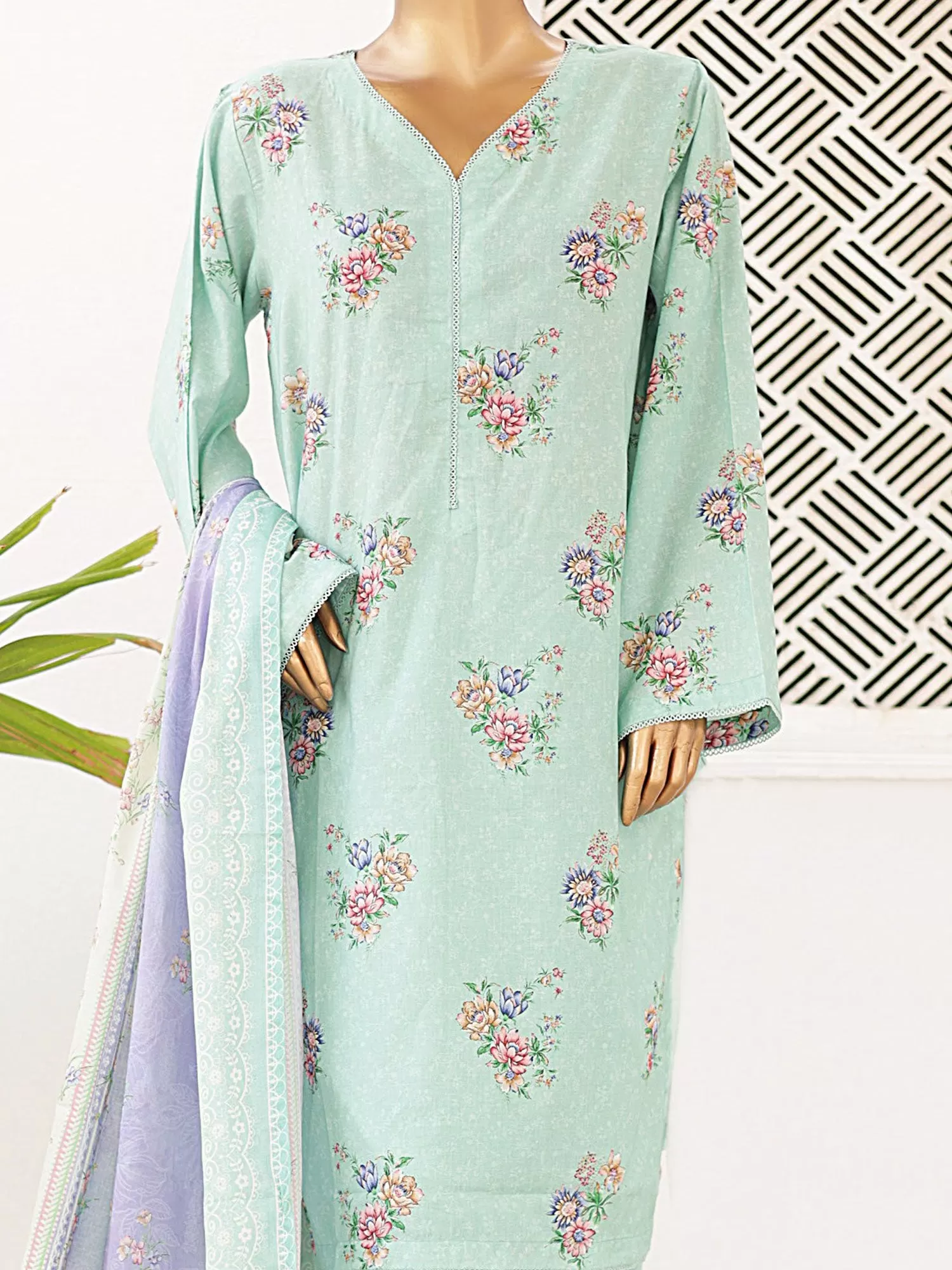 Bin Saeed Printed Lawn 3-Piece Suit - Mint Green