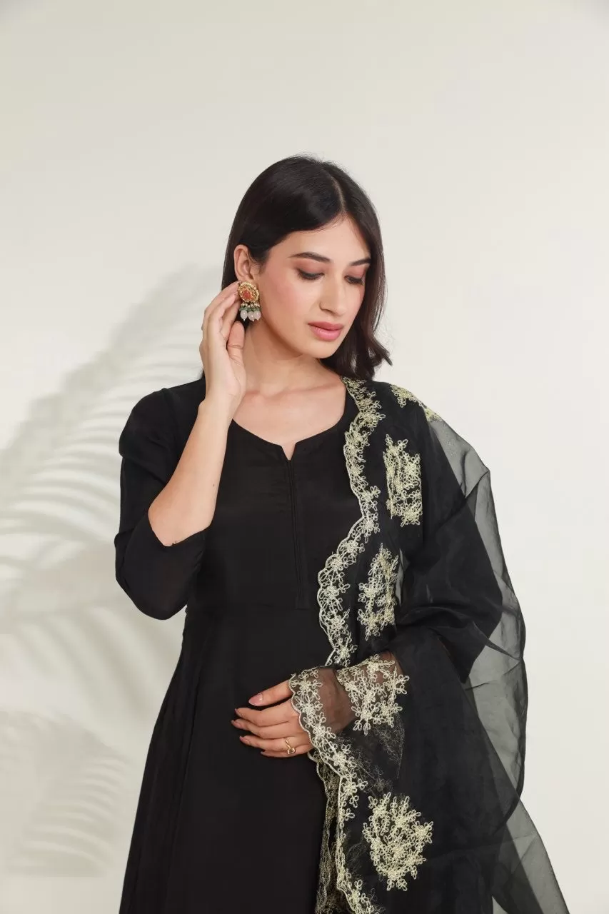 Black chanderi heavy aari embroidery dupatta three kali set