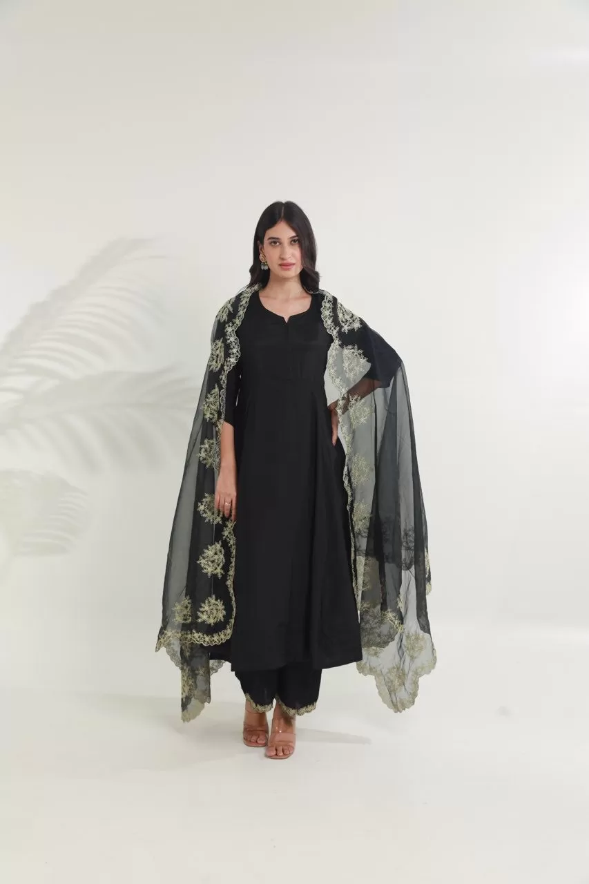 Black chanderi heavy aari embroidery dupatta three kali set