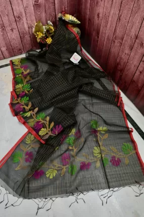 Black Color Muslin Jamdani Saree with Zari Check Work and Jamdani Weaving