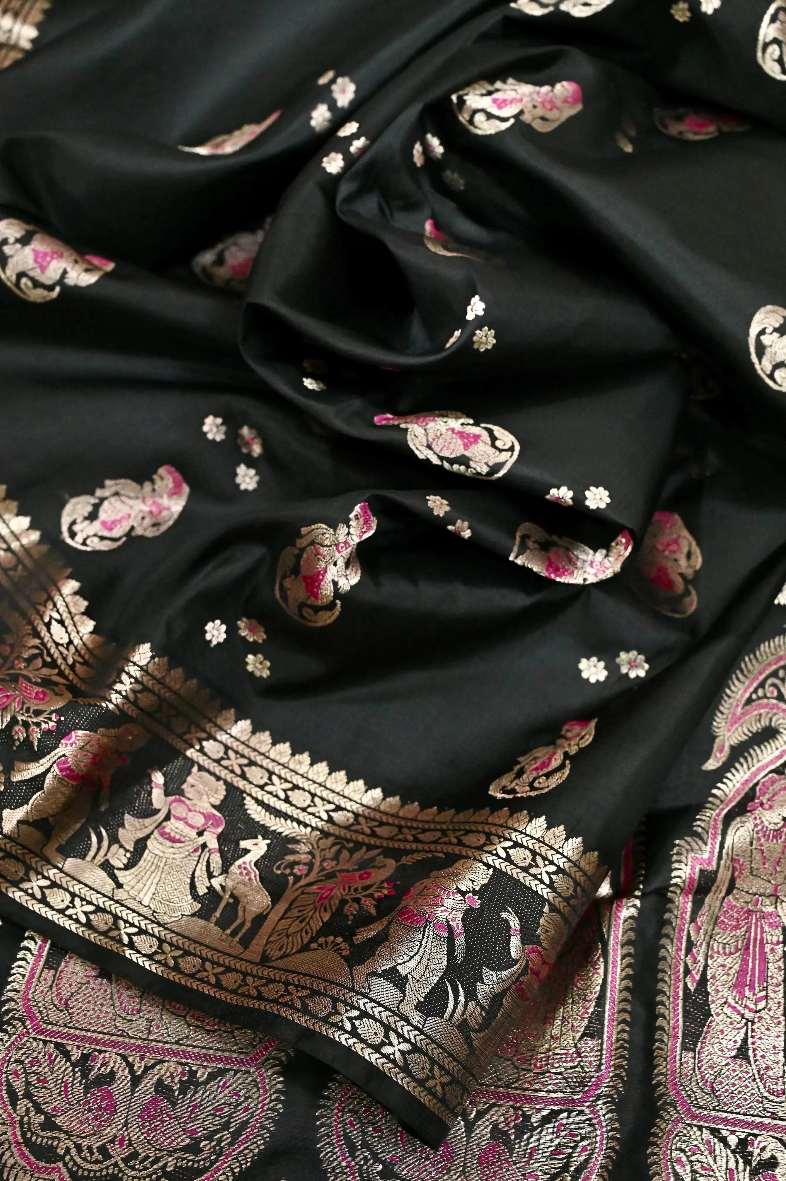 Black Color Pure Swarnachari Silk Saree with Meenakari Work